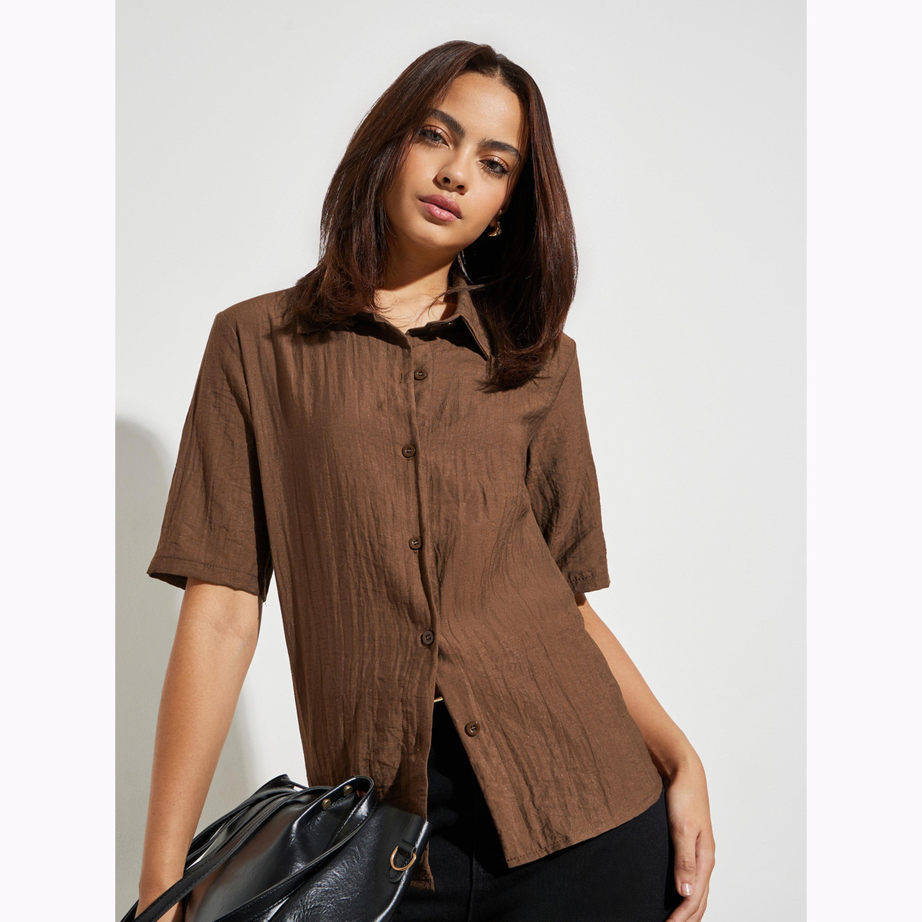Styli Brown Textured Button-Down Shirt-women-clothing-shirtsandblouses-shirts-image-3
