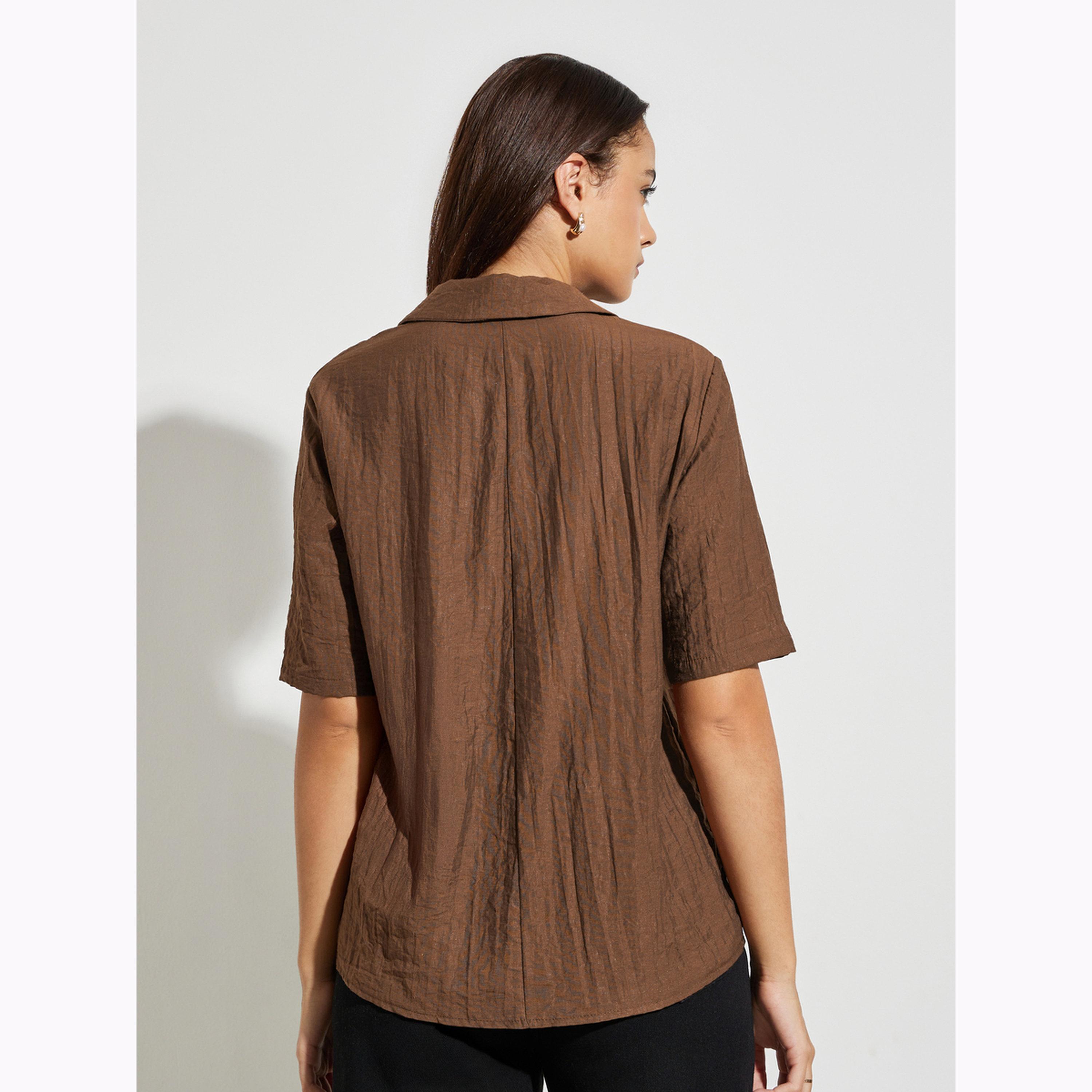 Styli Brown Textured Button-Down Shirt-women-clothing-shirtsandblouses-shirts-image-4