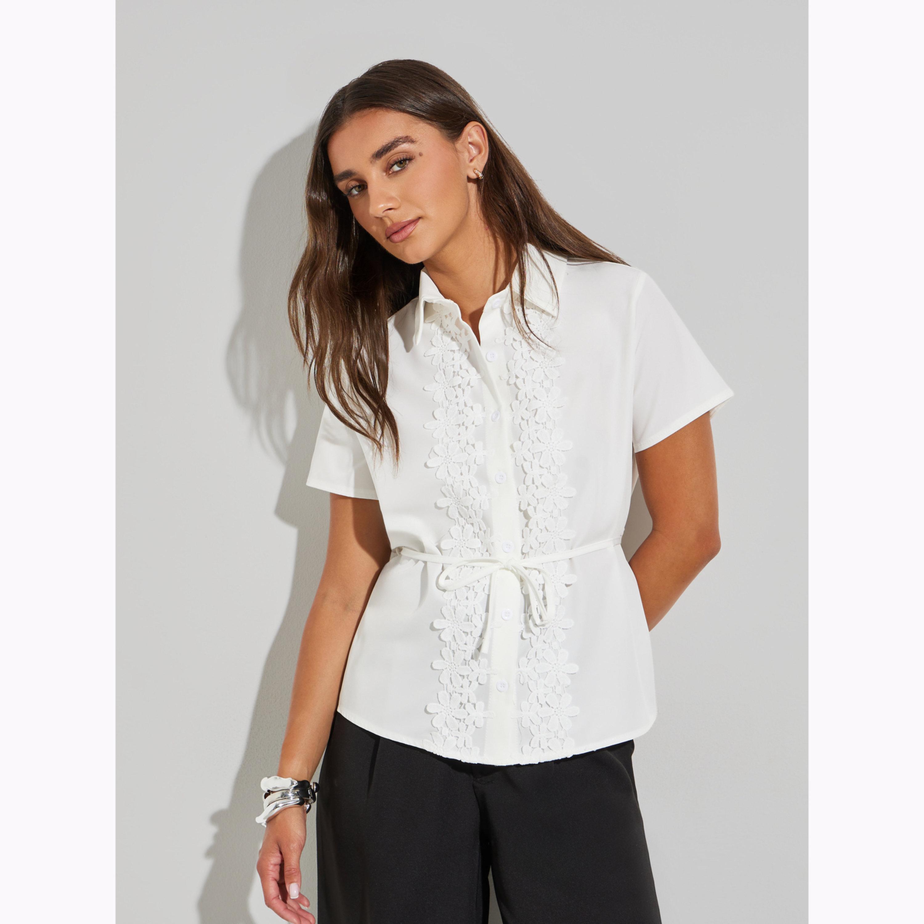 Styli White Embroidered Patch Tie-Waist Shirt-women-clothing-shirtsandblouses-shirts-image-1