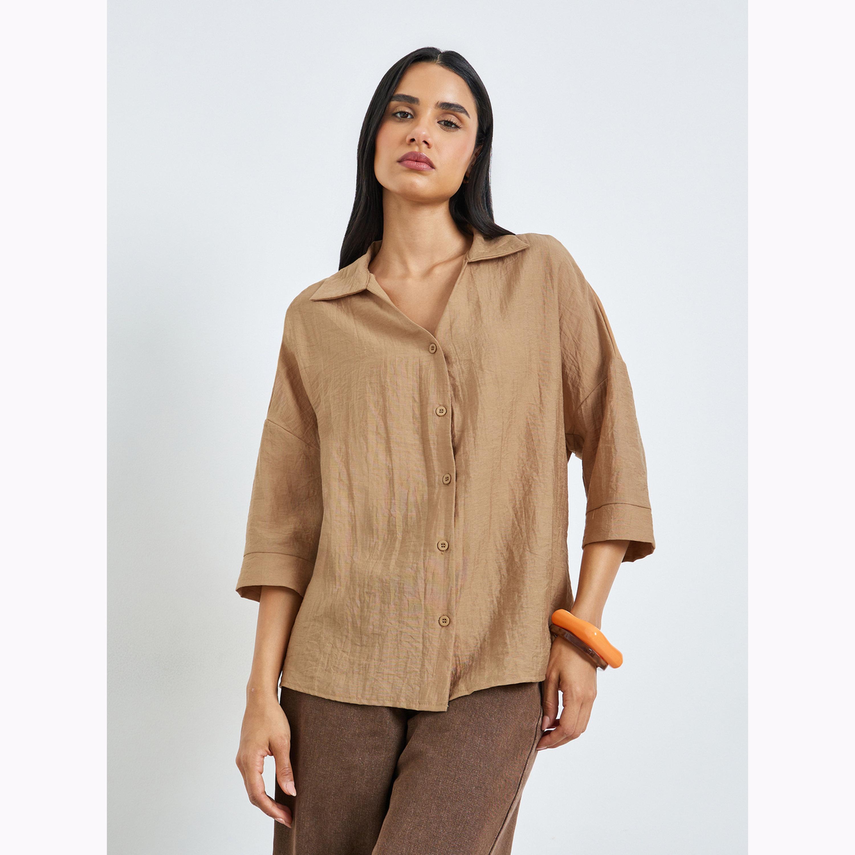 Styli Beige Open Collar Oversized Shirt-women-clothing-shirtsandblouses-shirts-image-1