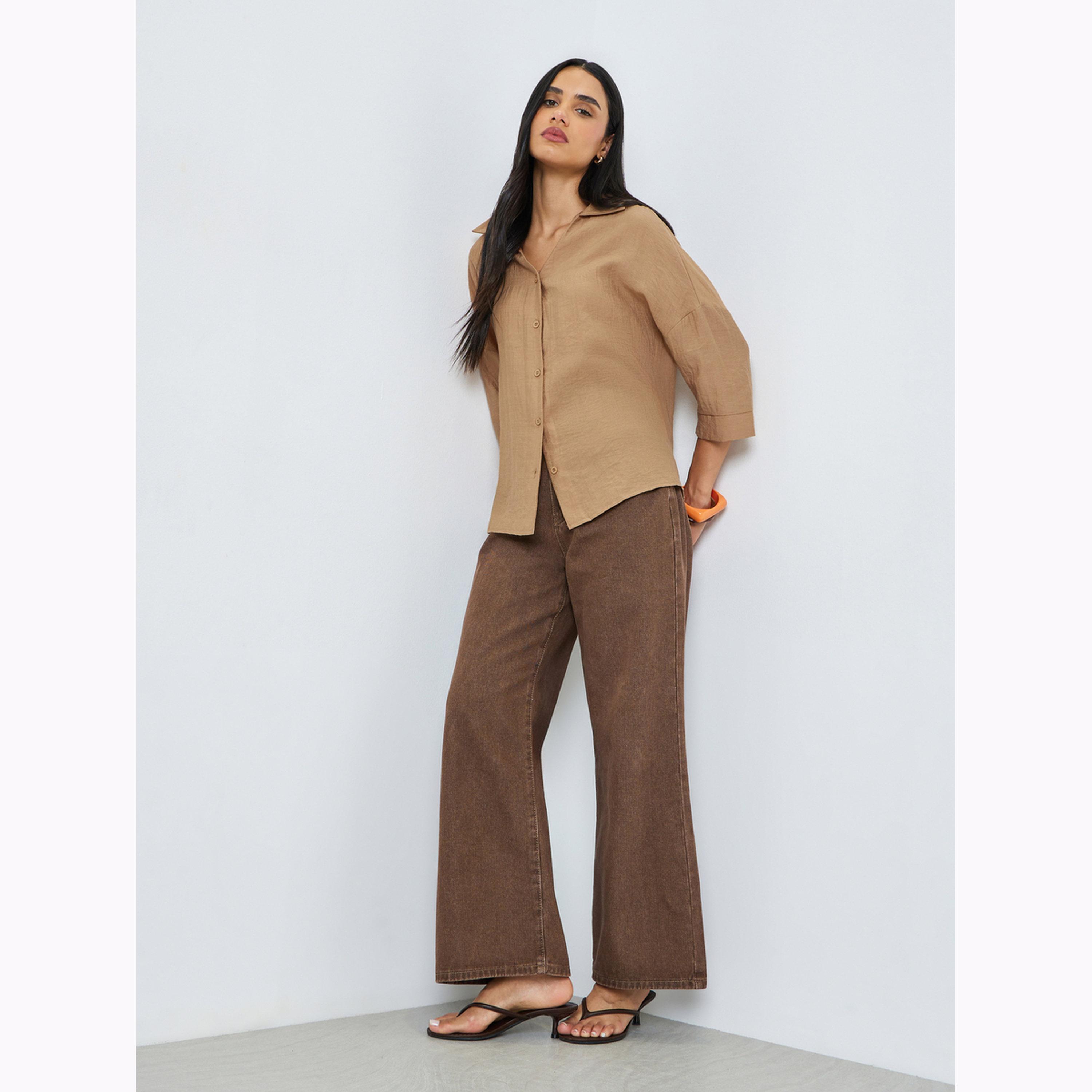 Styli Beige Open Collar Oversized Shirt-women-clothing-shirtsandblouses-shirts-image-2