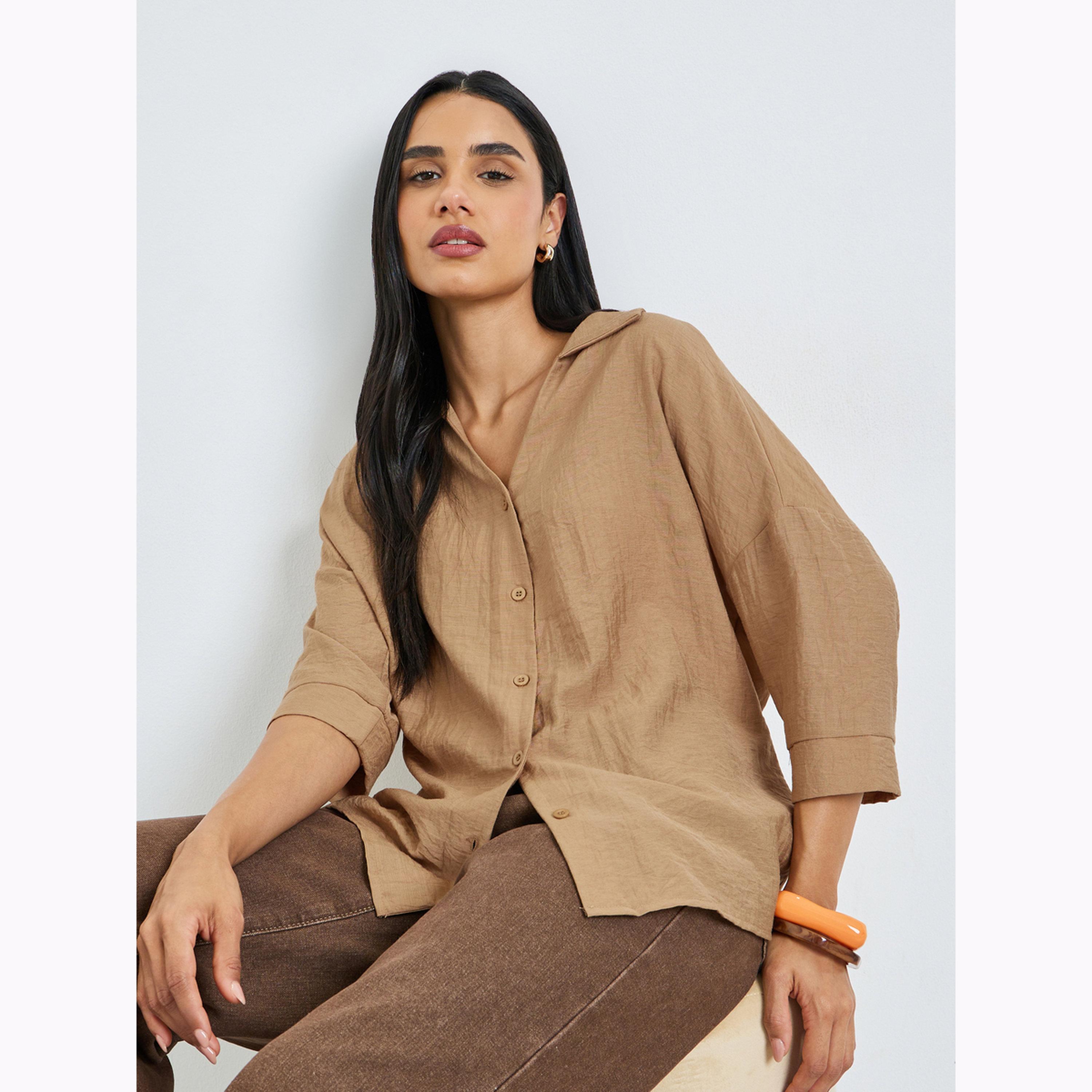 بلوزة فضفاضة بياقة مفتوحة بلون بيج-women-clothing-shirtsandblouses-shirts-image-3