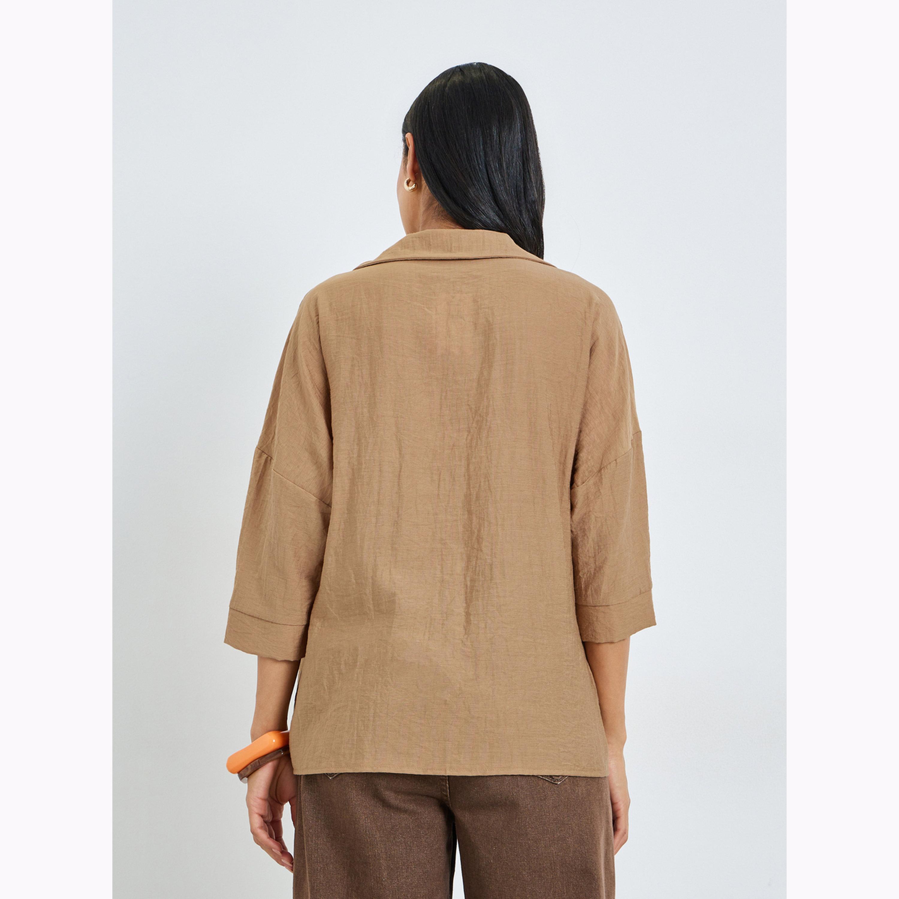 Styli Beige Open Collar Oversized Shirt-women-clothing-shirtsandblouses-shirts-image-4