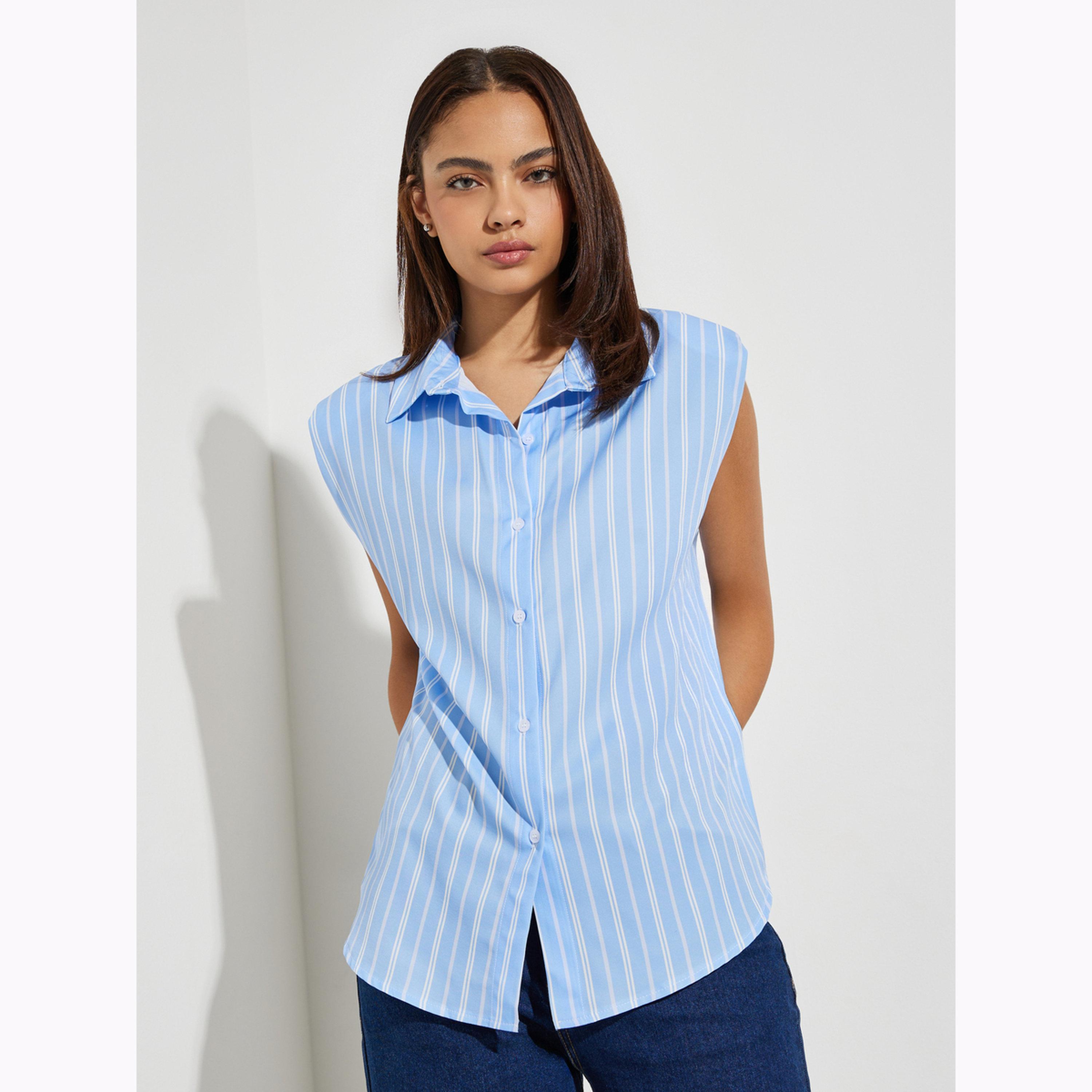 بلوزة بدون أكمام مخططة وبحشوات أكتاف بلون أزرق-women-clothing-shirtsandblouses-shirts-image-1