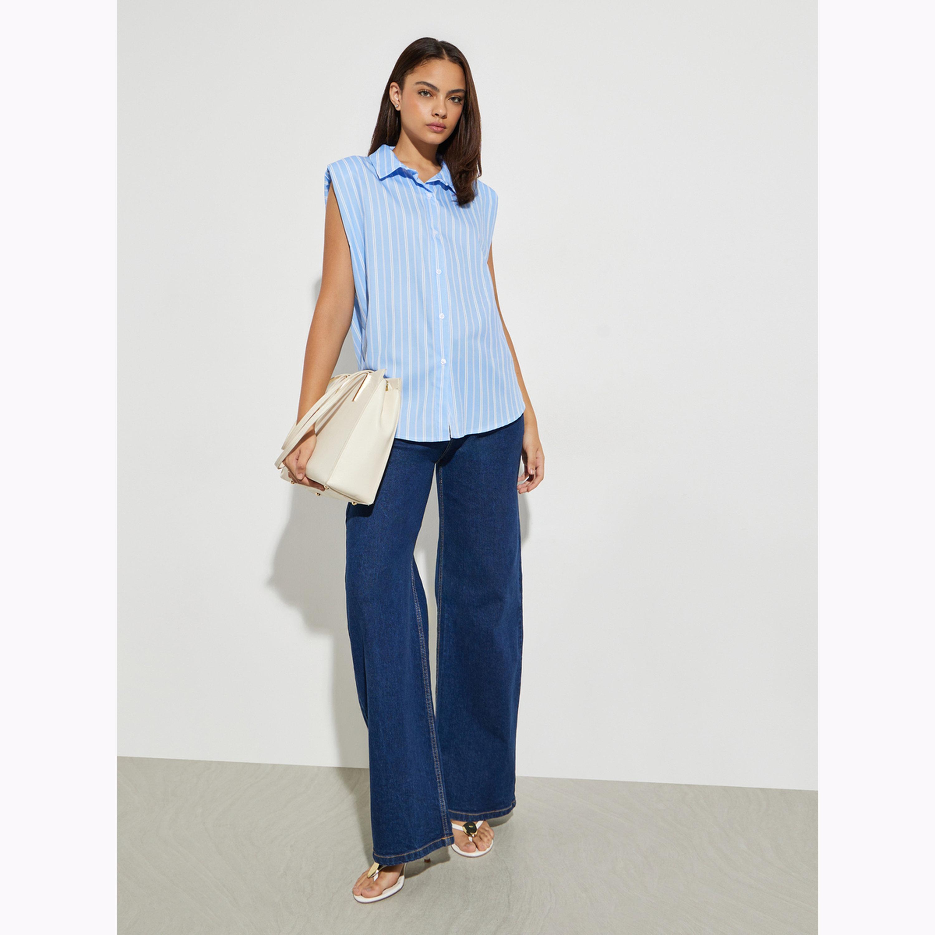 Styli Blue Striped Sleeveless Shirt with Shoulder Pads-women-clothing-shirtsandblouses-shirts-image-2