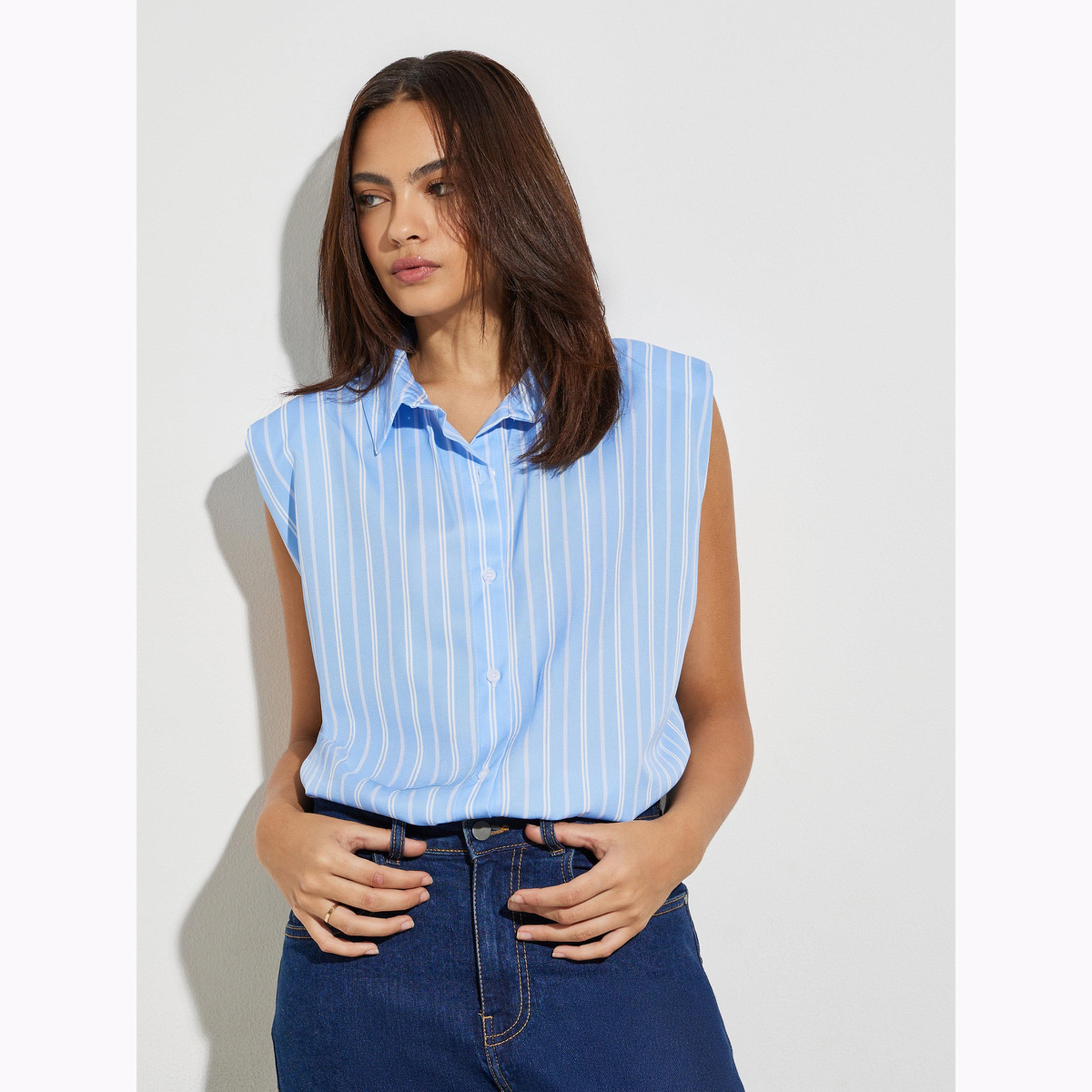 Styli Blue Striped Sleeveless Shirt with Shoulder Pads-women-clothing-shirtsandblouses-shirts-image-3