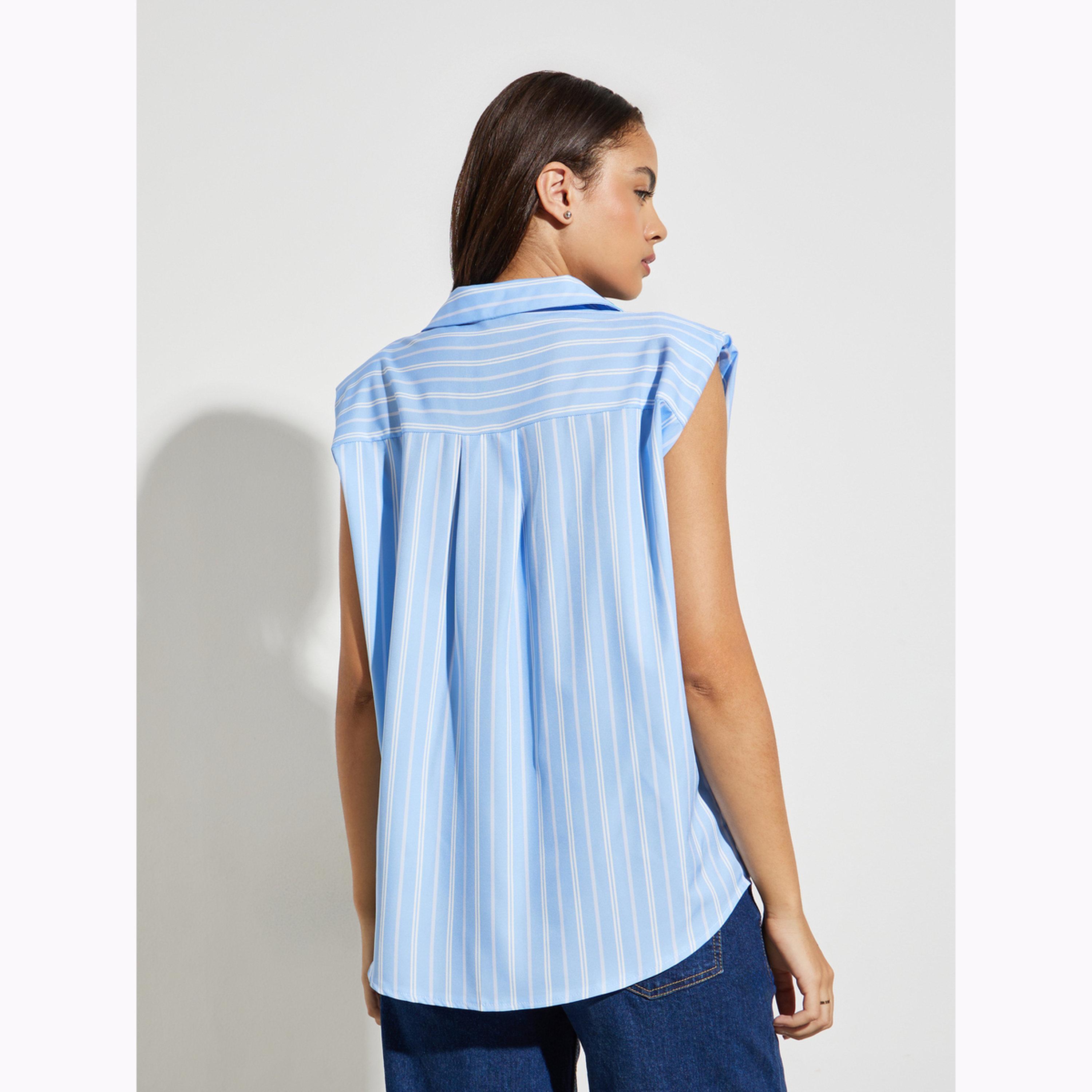 Styli Blue Striped Sleeveless Shirt with Shoulder Pads-women-clothing-shirtsandblouses-shirts-image-4