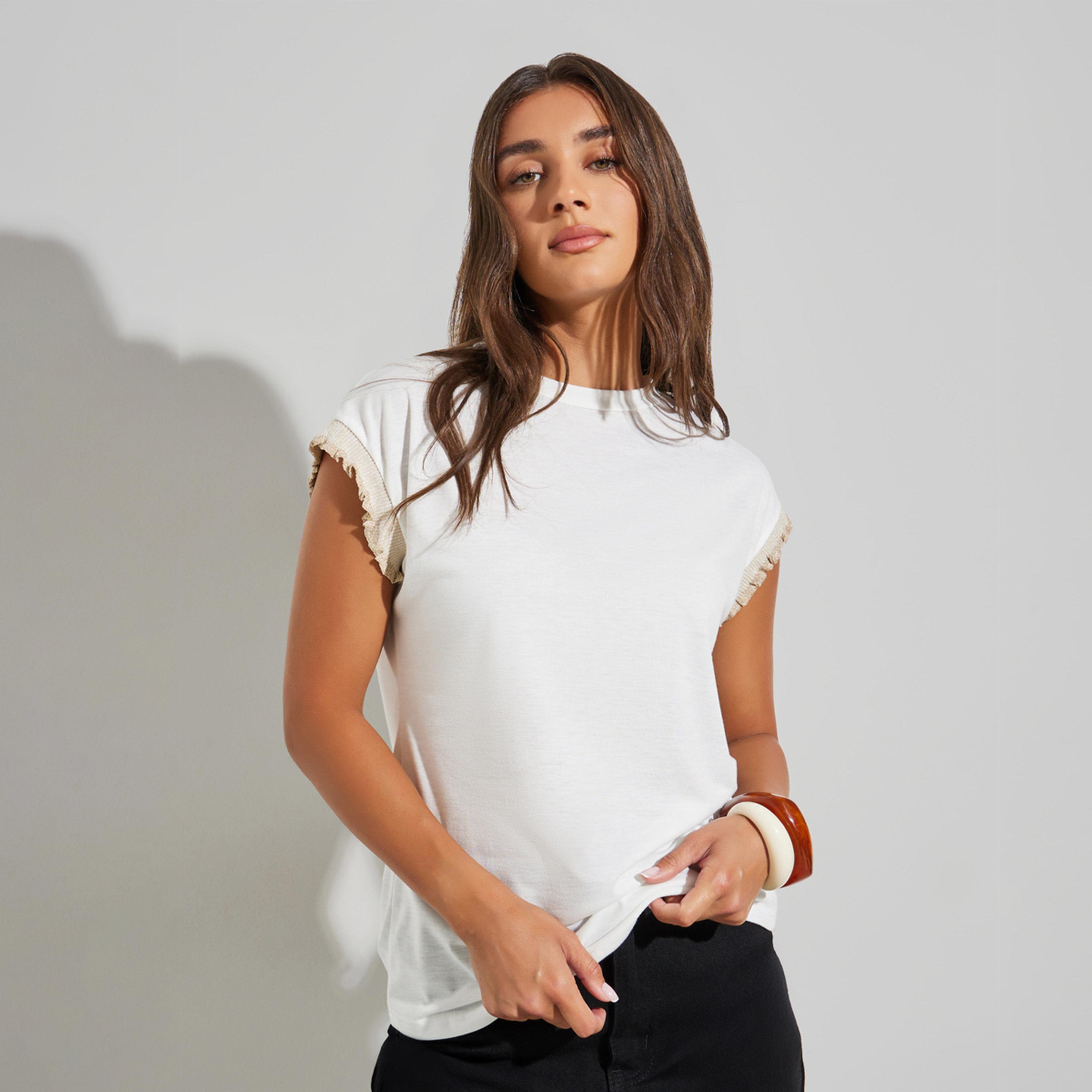 Styli White Knit Top with Webbing Cuff-women-clothing-shirtsandblouses-blouses-image-1