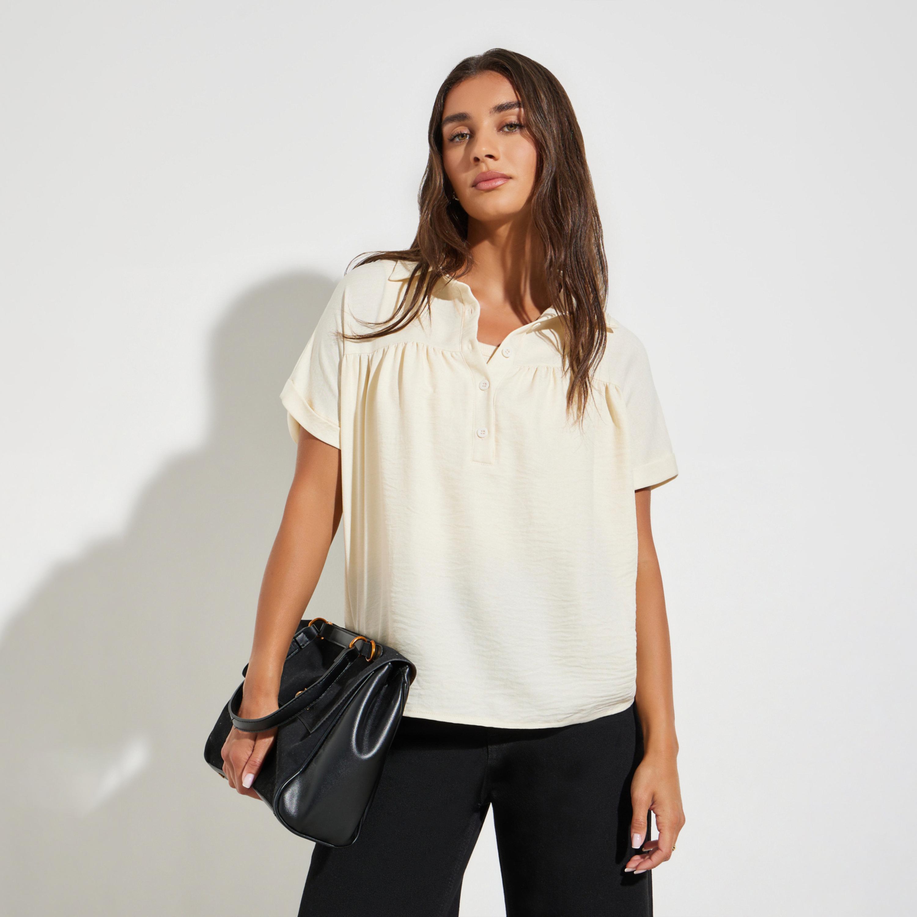 Styli Cream Short Sleeve Shirt with Spread Collar-women-clothing-shirtsandblouses-blouses-image-1