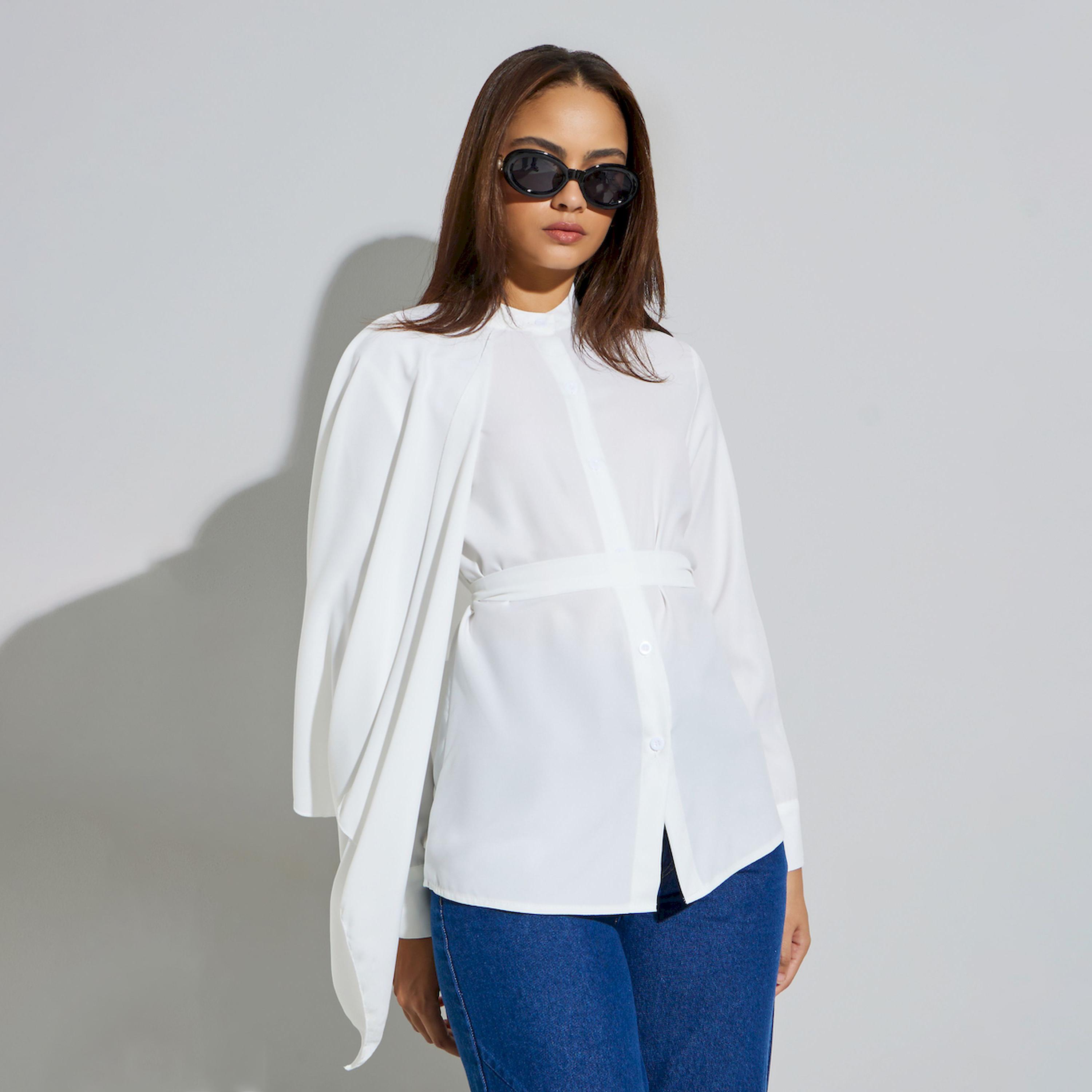 Styli Off White Cape Style Shirt with Tie-Back Detail-women-clothing-shirtsandblouses-blouses-image-1