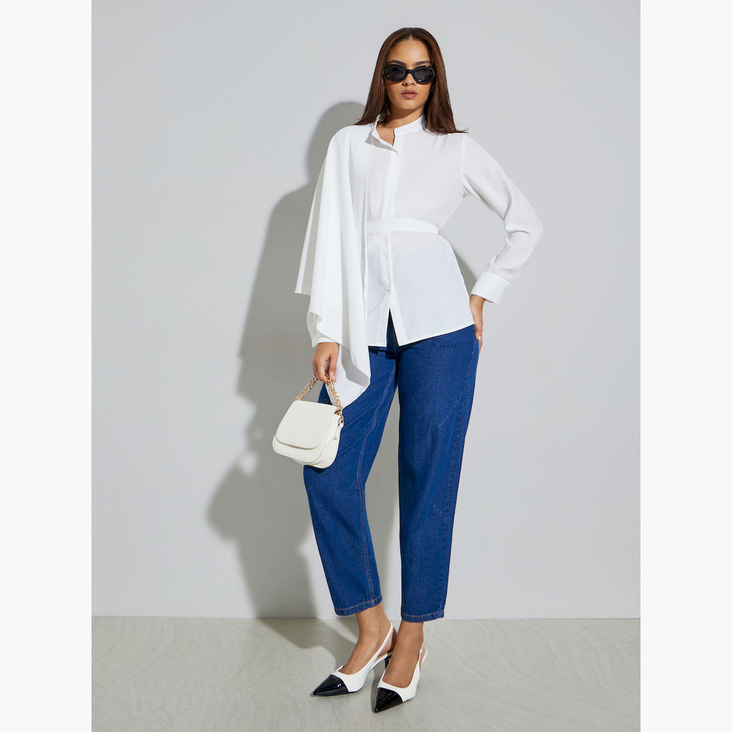 Styli Off White Cape Style Shirt with Tie-Back Detail-women-clothing-shirtsandblouses-blouses-image-2