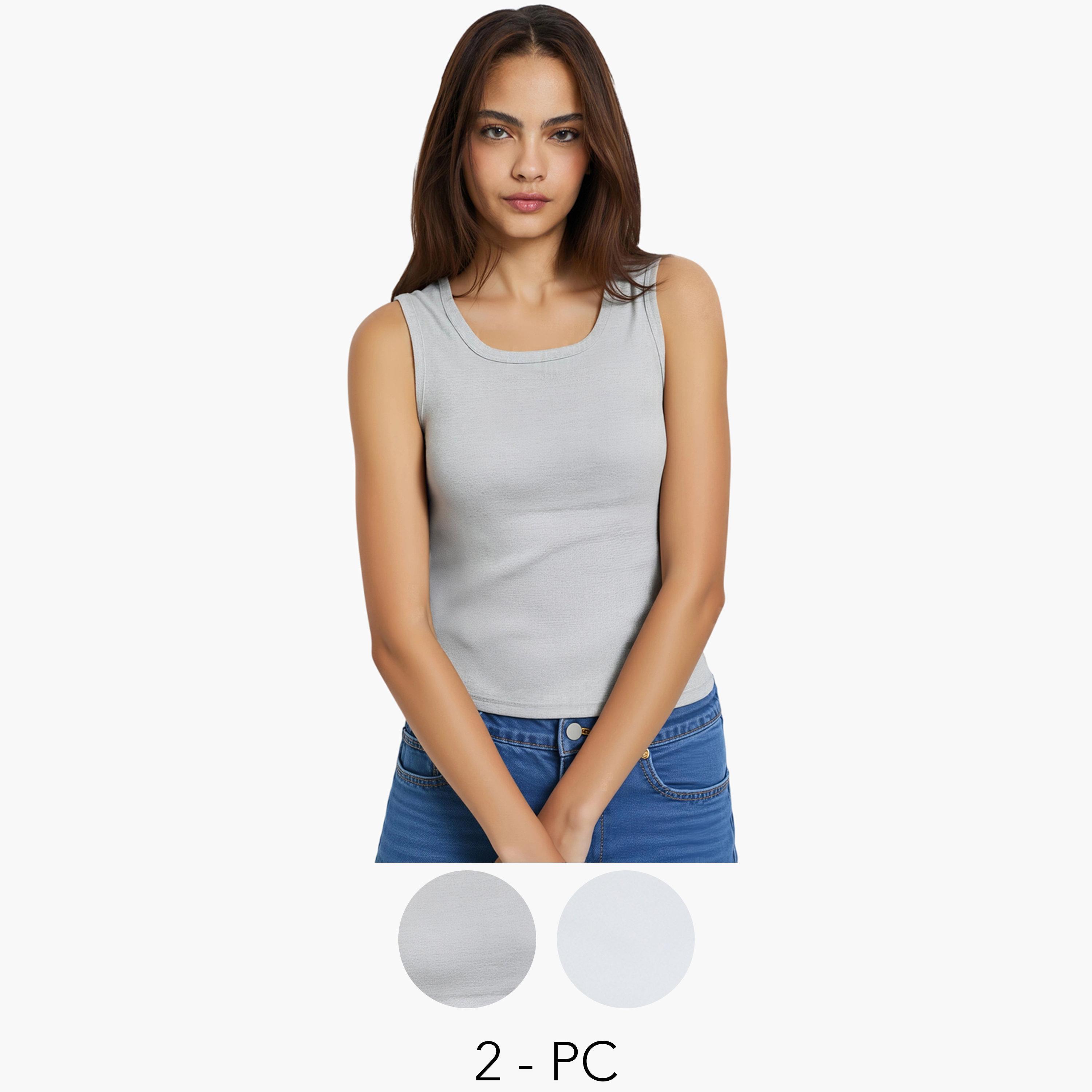 عبوة من قطعتين - تانك توب سادة بياقة سكوب-women-clothing-tshirts-image-1
