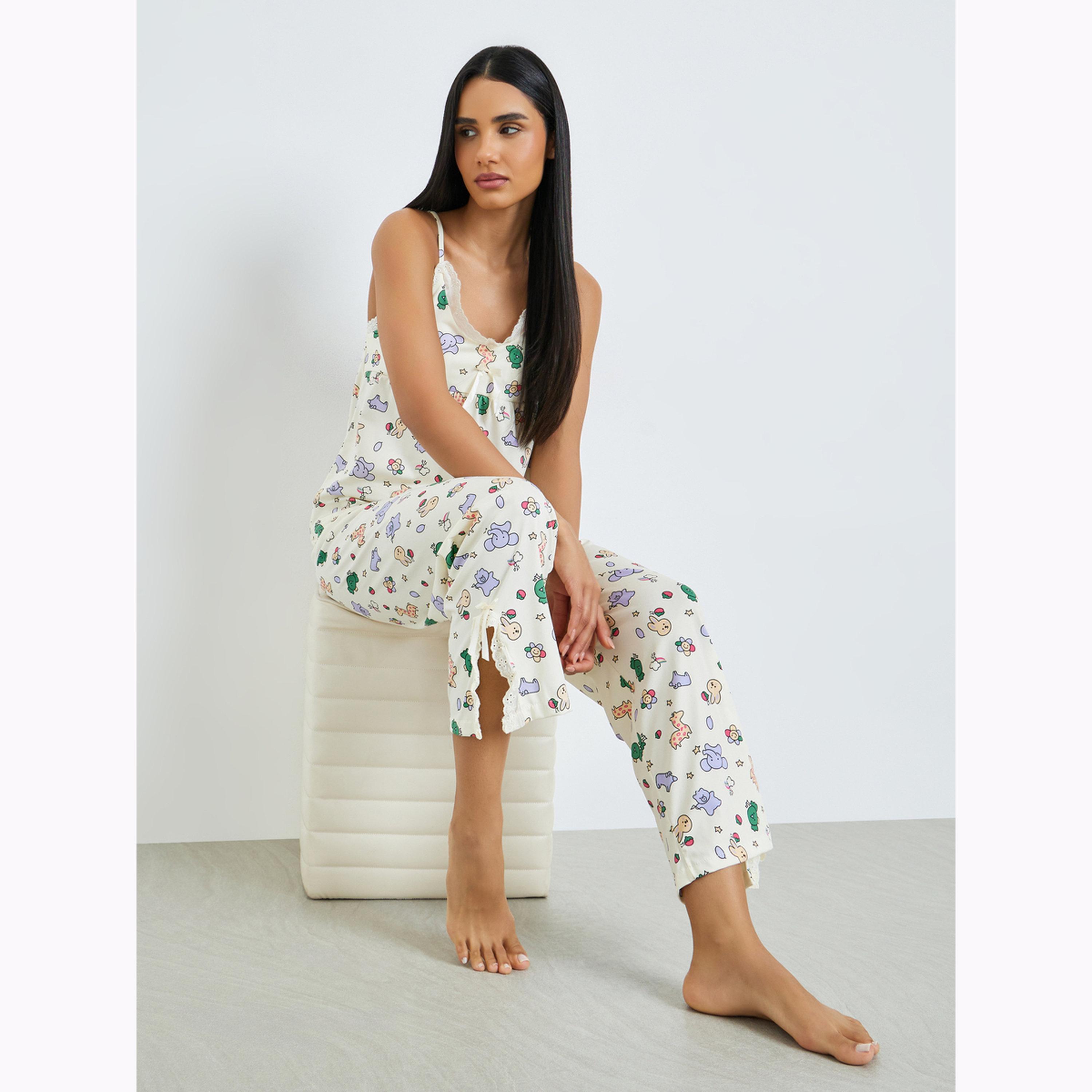 طقم بيجاما من بنطال وبلوزة كامي بطبعة حيوانات-women-clothing-nightwear-pyjamas-longsets-image-2