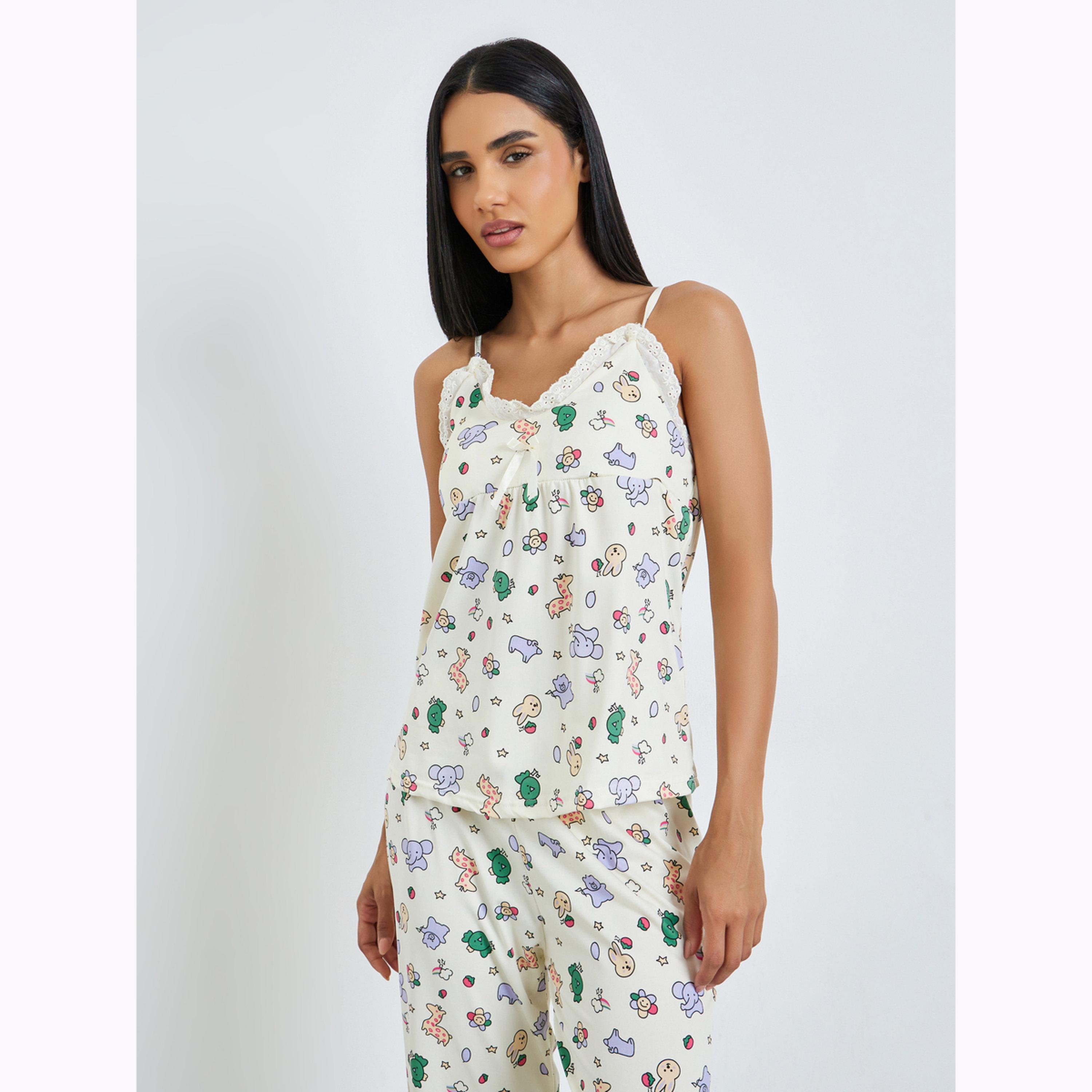 طقم بيجاما من بنطال وبلوزة كامي بطبعة حيوانات-women-clothing-nightwear-pyjamas-longsets-image-3