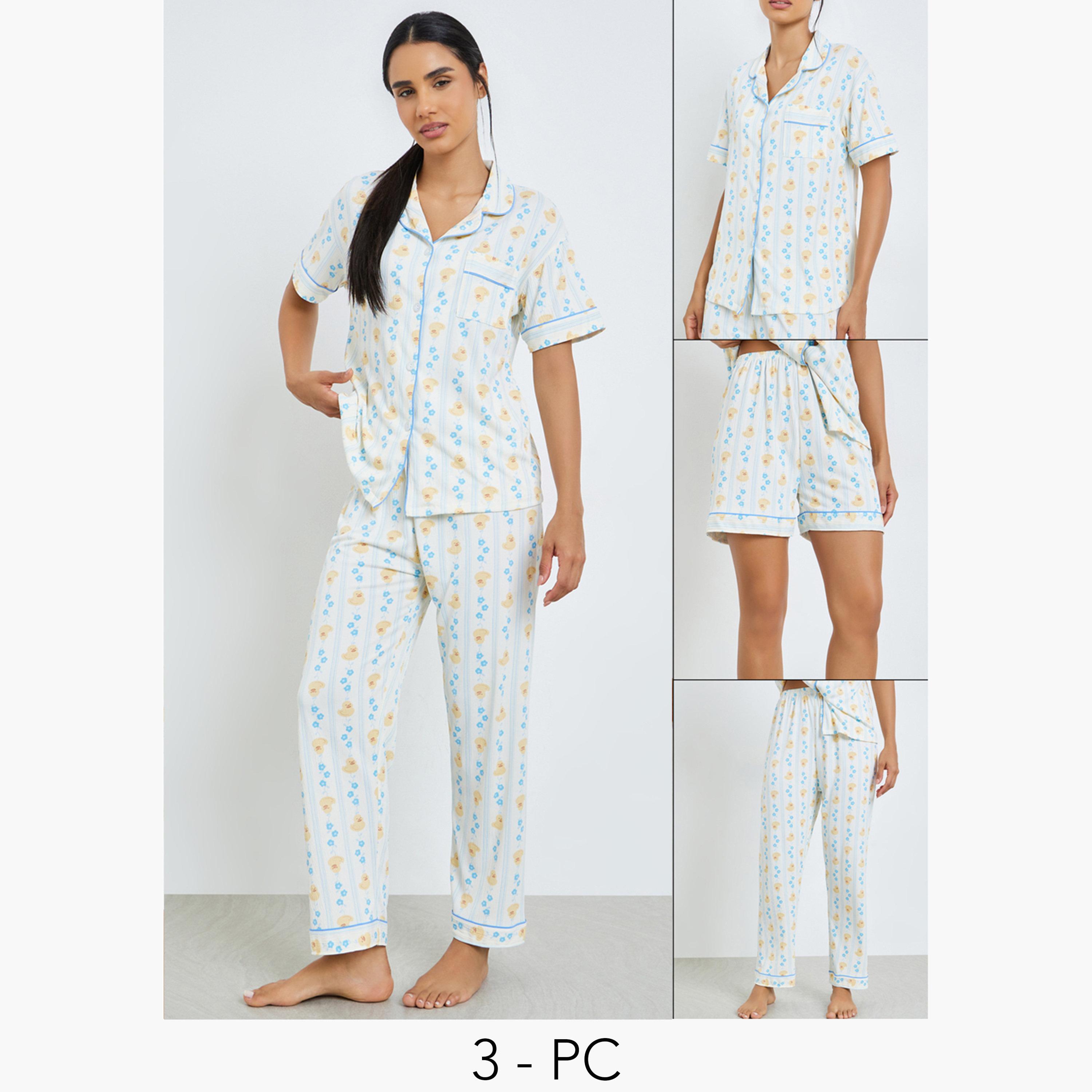 طقم بيجاما من بنطال وشورت وقميص ومطبع بالكامل بنمط بطة-women-clothing-nightwear-pyjamas-longsets-image-1