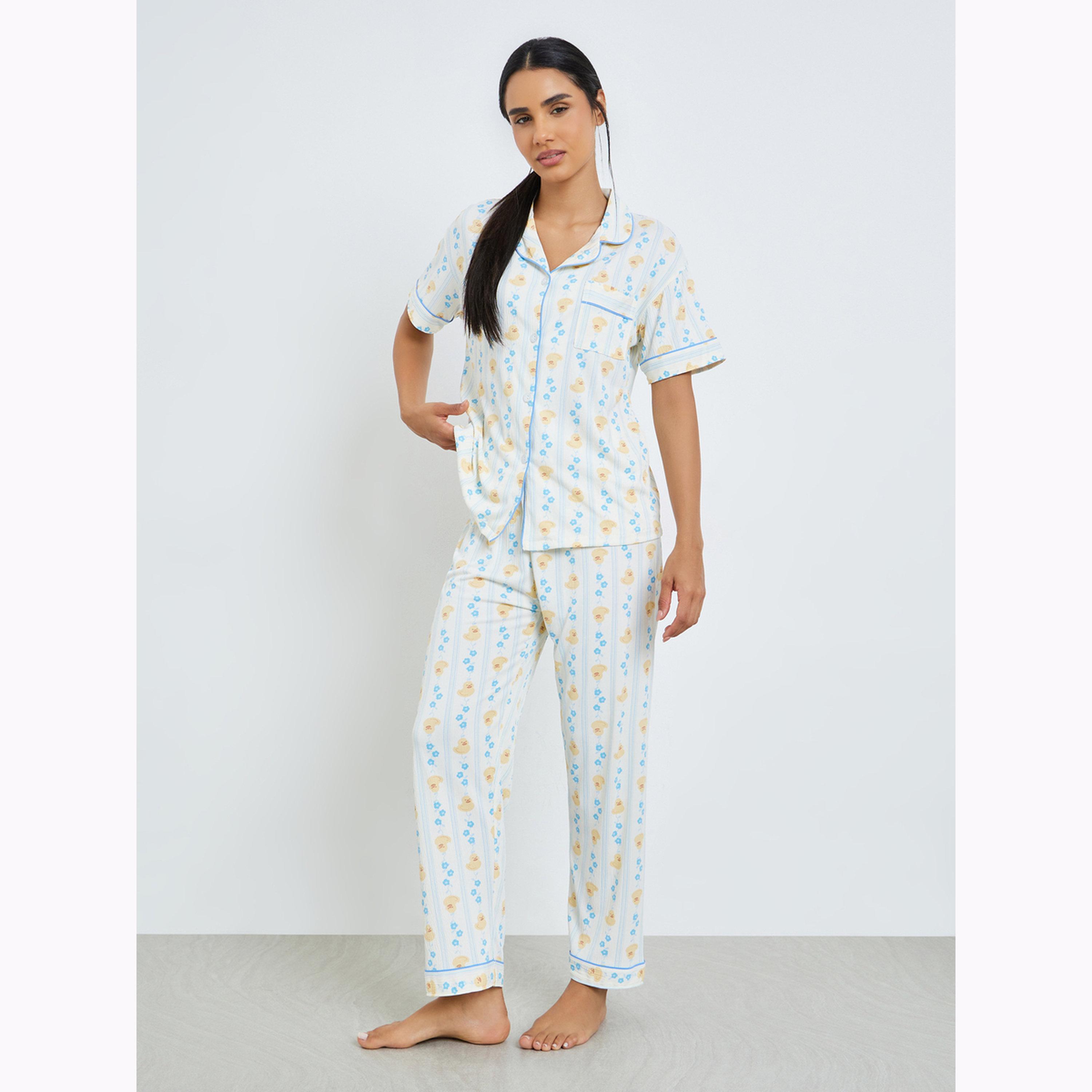 طقم بيجاما من بنطال وشورت وقميص ومطبع بالكامل بنمط بطة-women-clothing-nightwear-pyjamas-longsets-image-3