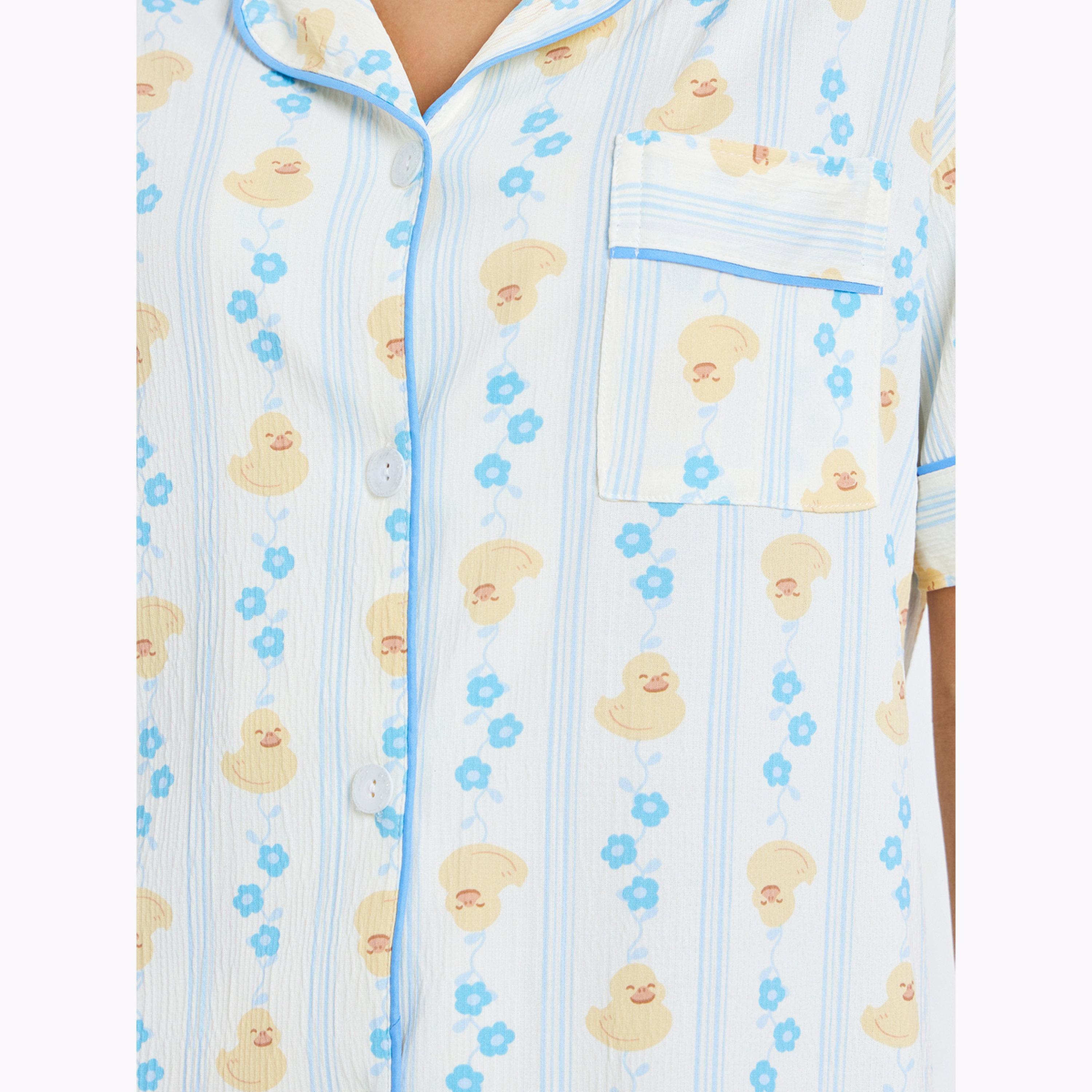 طقم بيجاما من بنطال وشورت وقميص ومطبع بالكامل بنمط بطة-women-clothing-nightwear-pyjamas-longsets-image-6