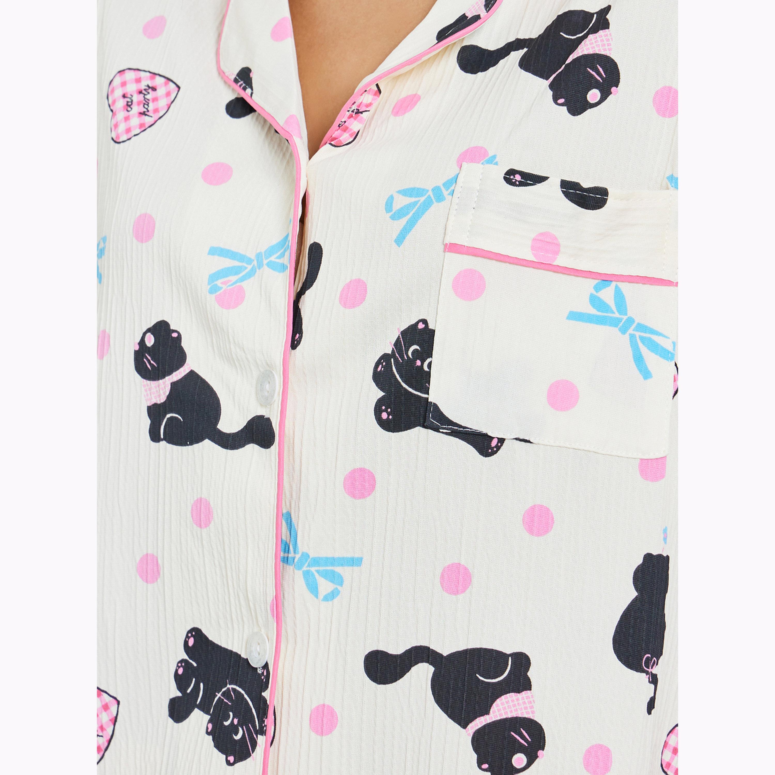 Styli All-Over Cat Printed Short Sleeve Shirt, Shorts and Pants Pyjama Set-women-clothing-nightwear-pyjamas-longsets-image-4