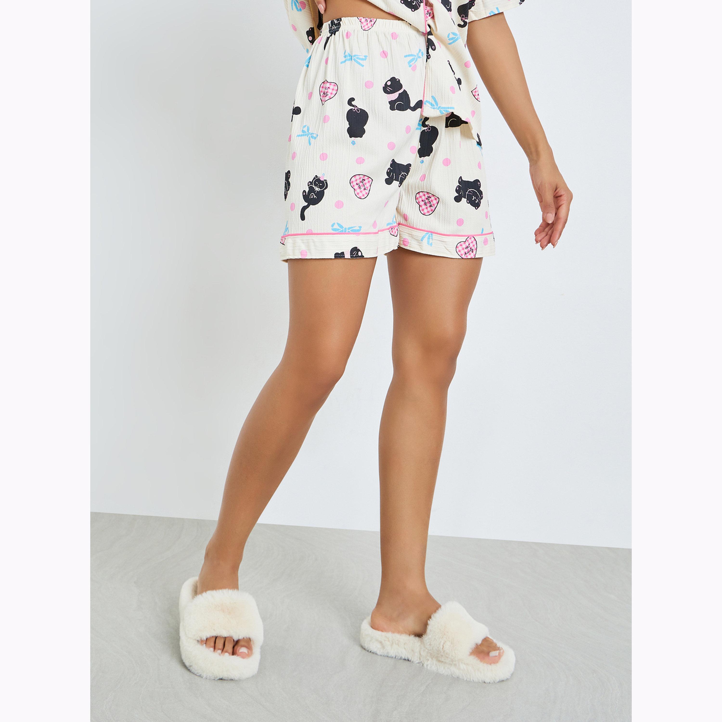 Styli All-Over Cat Printed Short Sleeve Shirt, Shorts and Pants Pyjama Set-women-clothing-nightwear-pyjamas-longsets-image-6