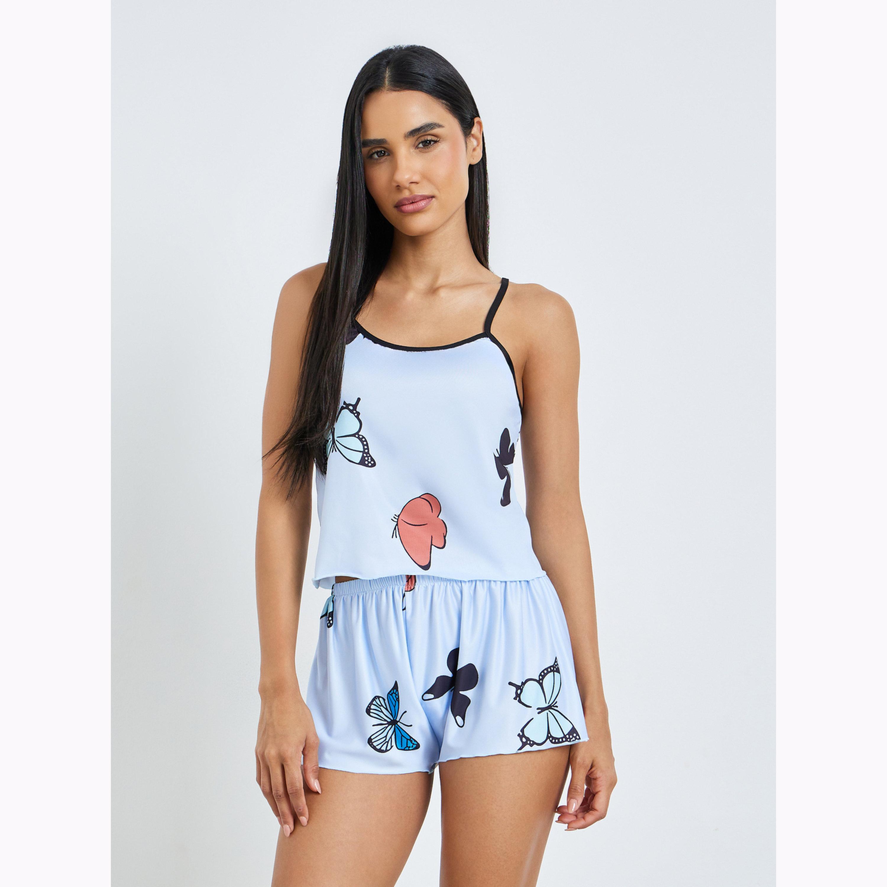 Styli Butterfly Printed Cami and Shorts Pyjama Set-women-clothing-nightwear-pyjamas-shortsets-image-1