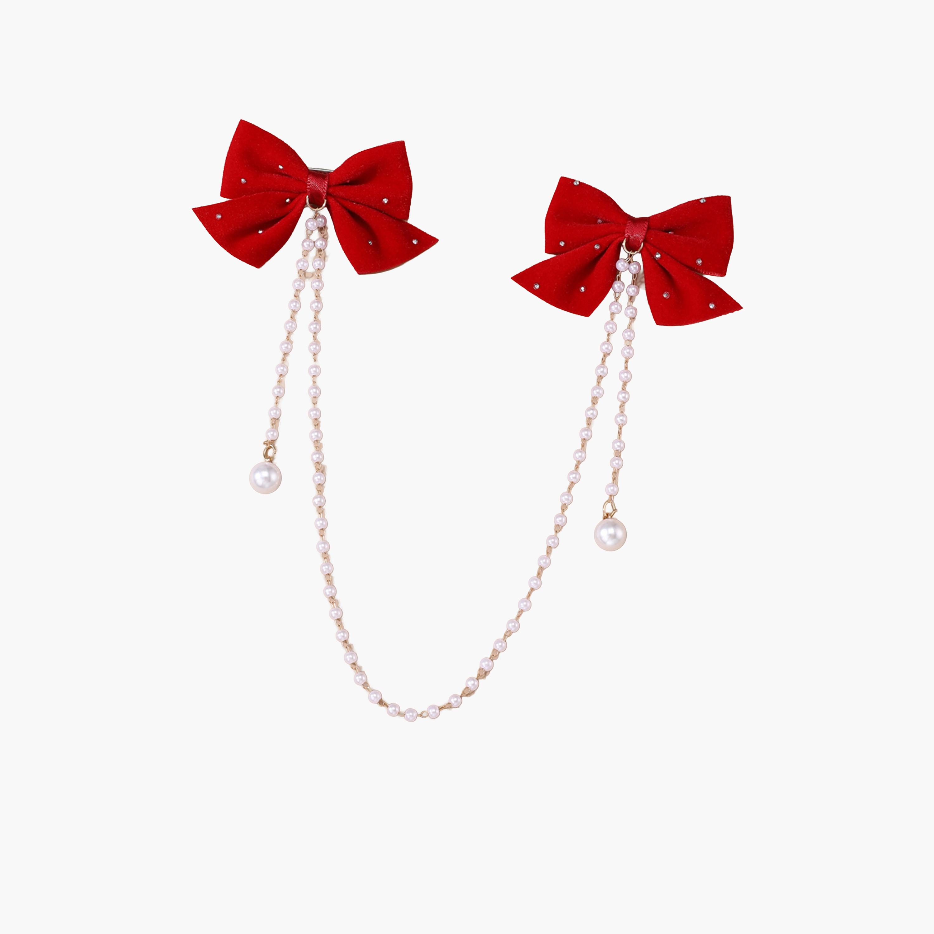 مشبك شعر بعقدة حمراء وسلسلة لؤلؤ-women-hairaccessories-clips-image-1