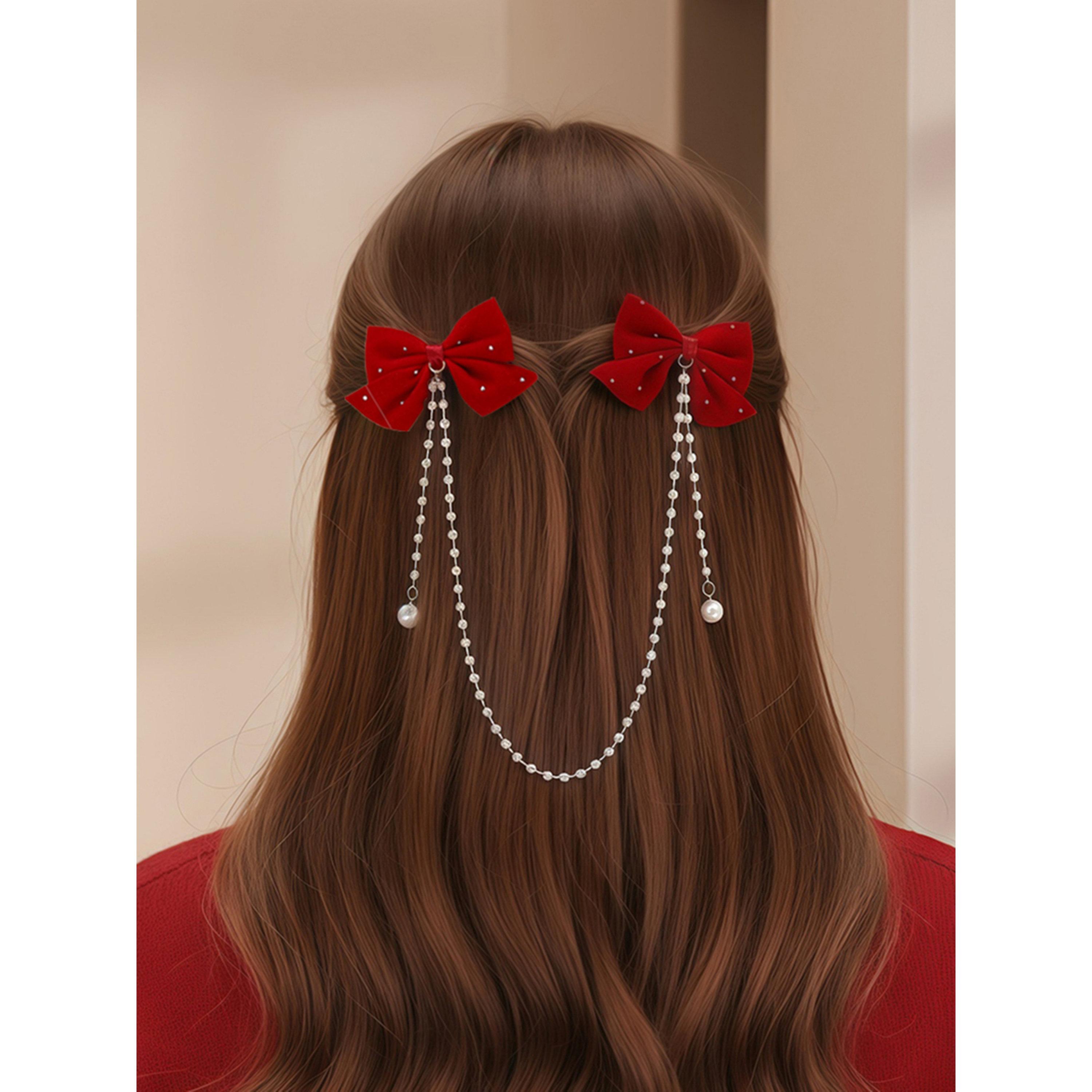 مشبك شعر بعقدة حمراء وسلسلة لؤلؤ-women-hairaccessories-clips-image-2