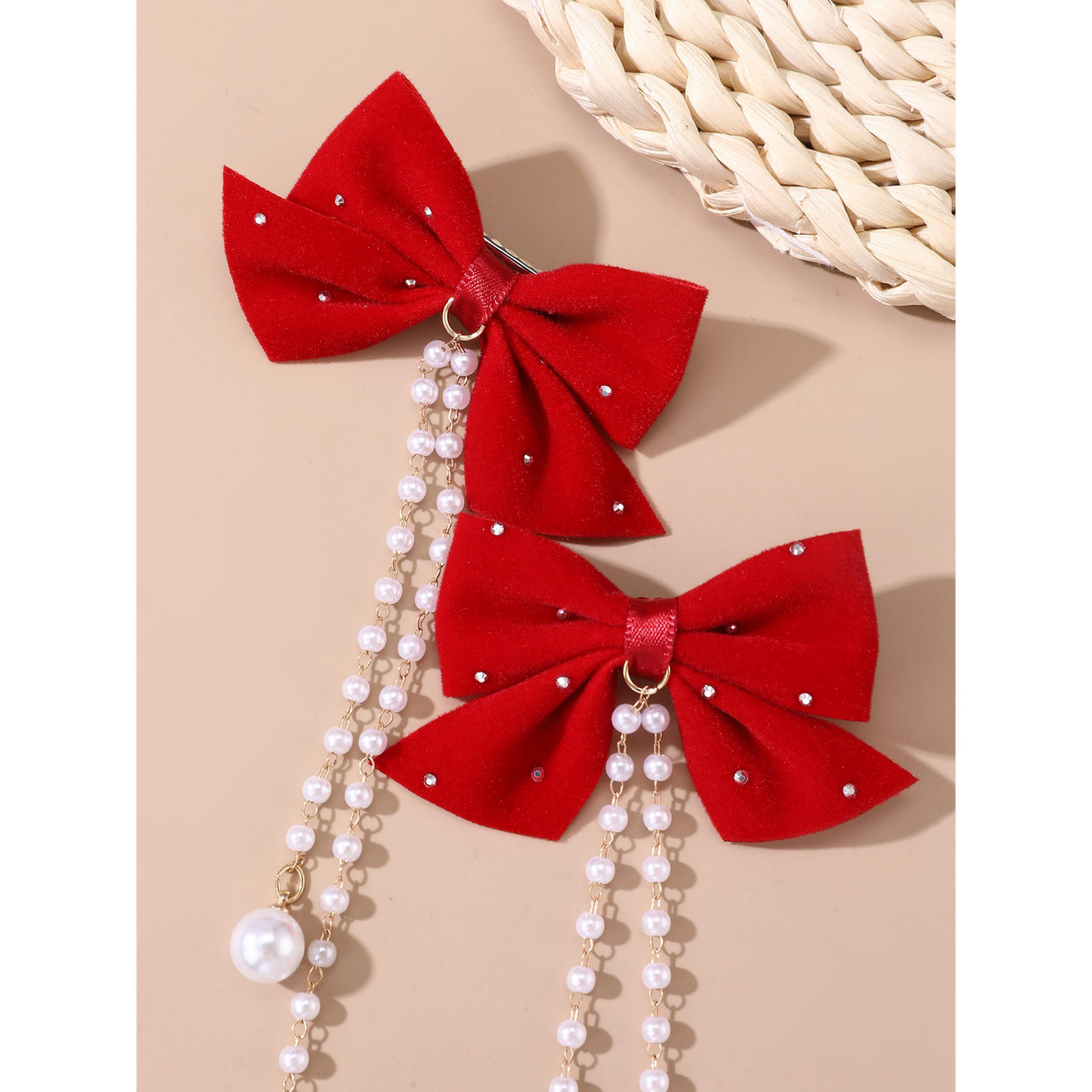 Take Two Red Bow Hair Clip with Pearl Chain-women-hairaccessories-clips-image-3