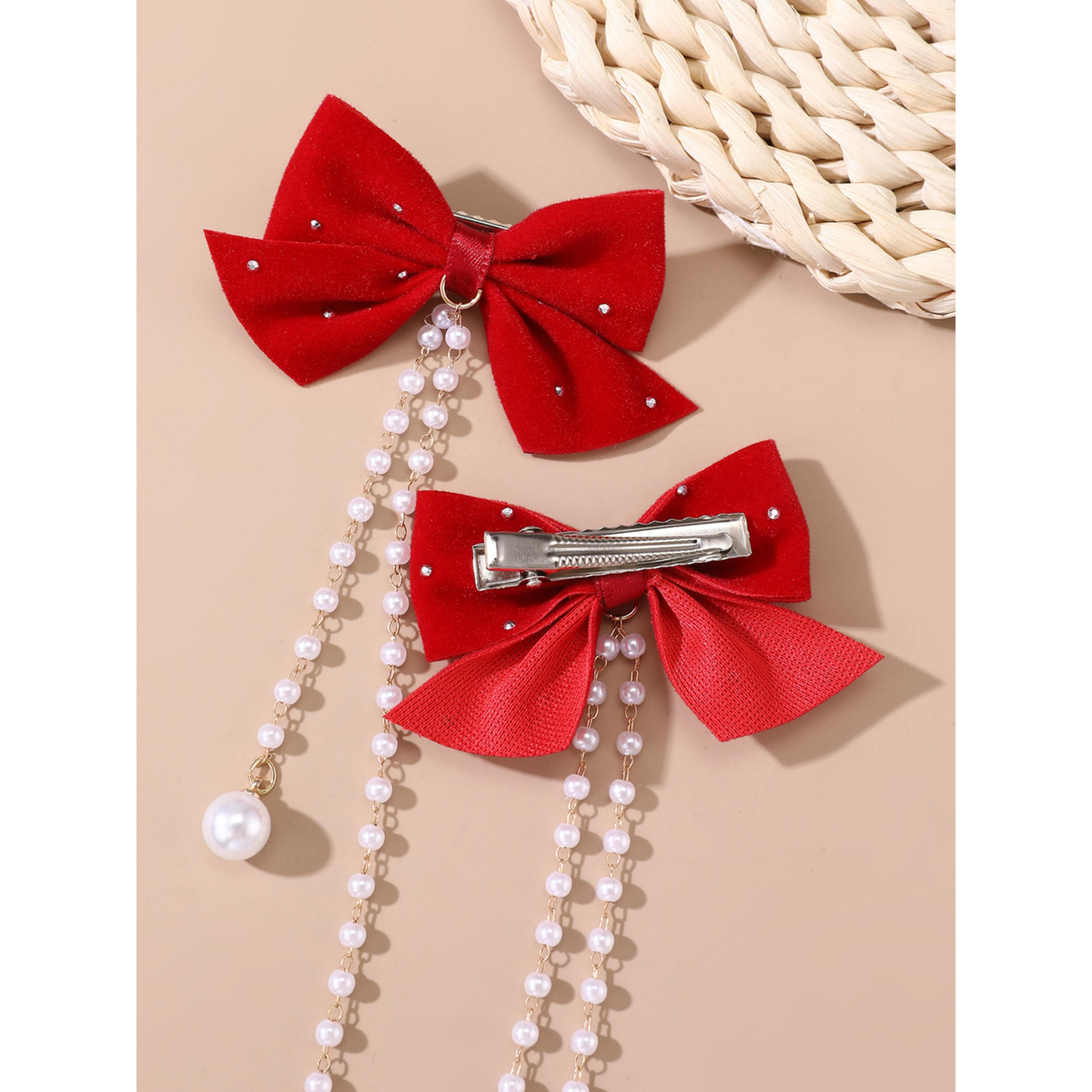 Take Two Red Bow Hair Clip with Pearl Chain-women-hairaccessories-clips-image-5