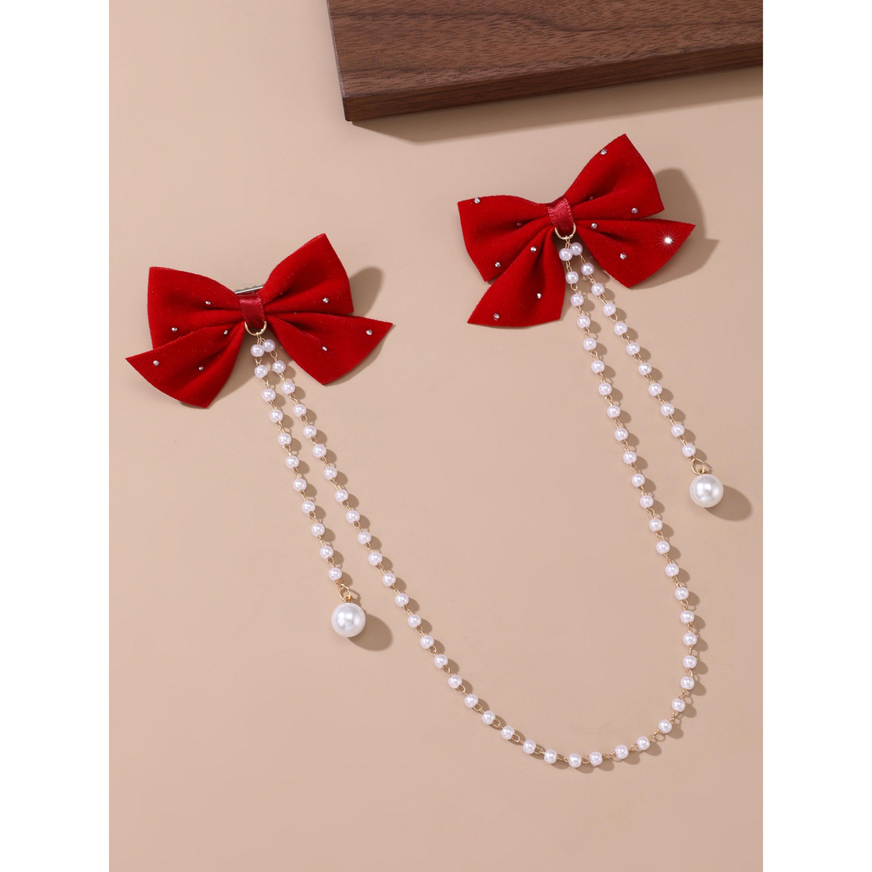 Take Two Red Bow Hair Clip with Pearl Chain-women-hairaccessories-clips-image-6
