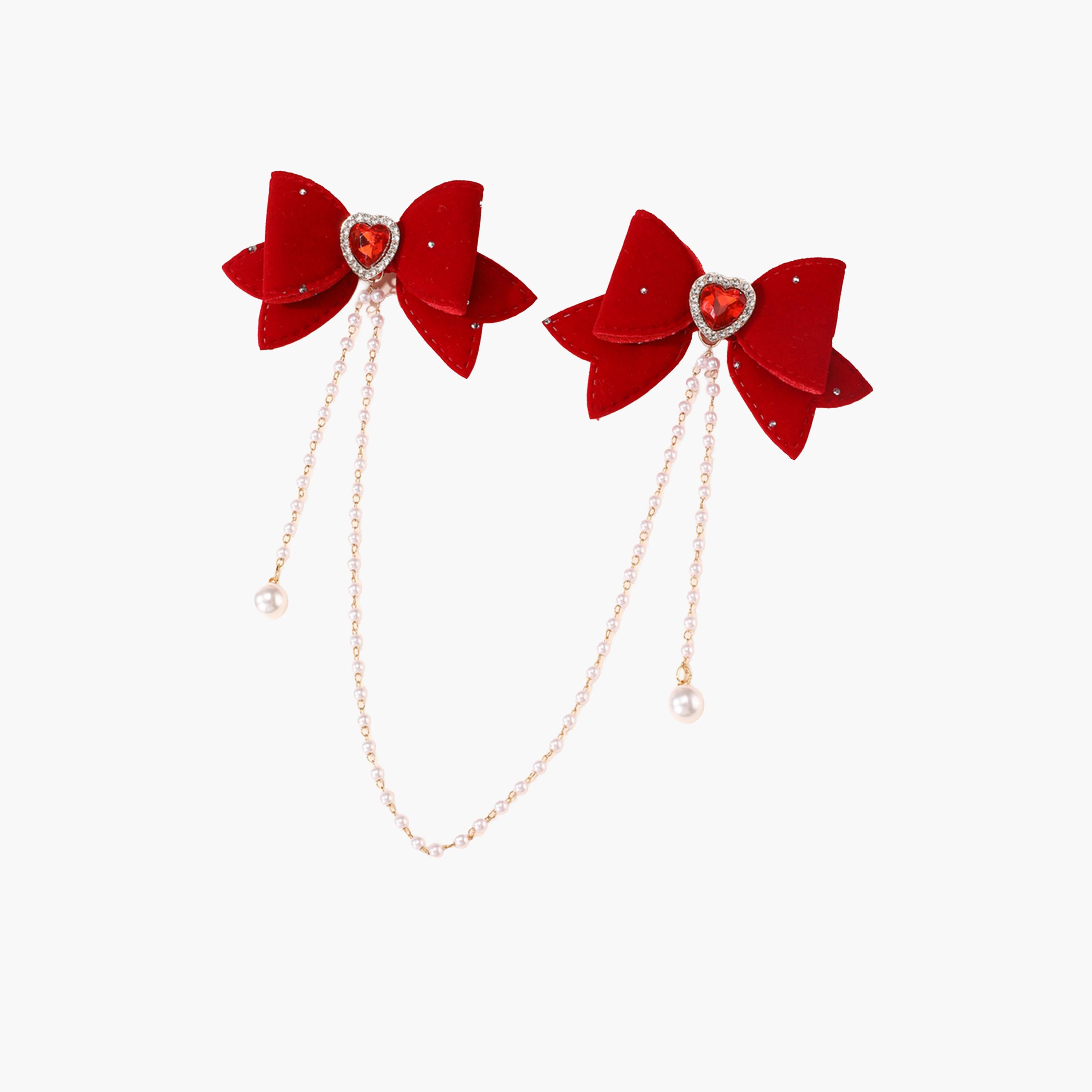 Take Two Red Bow Hair Clips with Pearl Chains-women-hairaccessories-clips-image-1