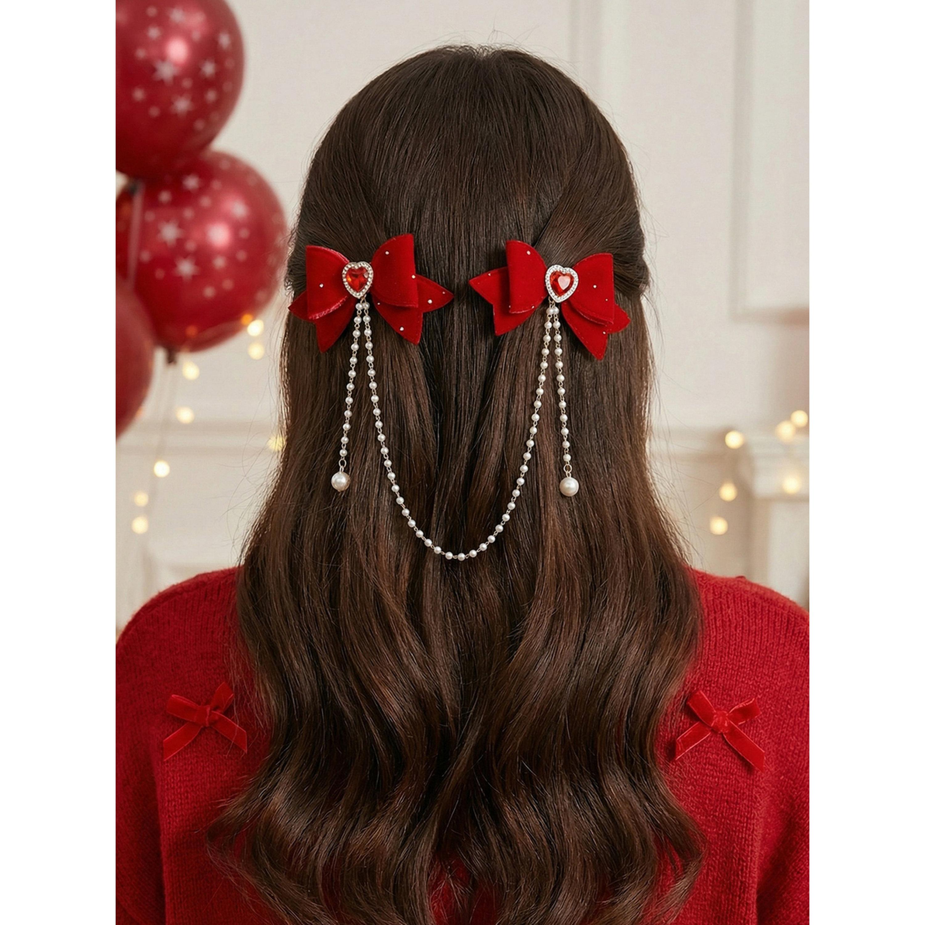 مشابك شعر بعقدة حمراء وسلاسل لؤلؤ-women-hairaccessories-clips-image-2