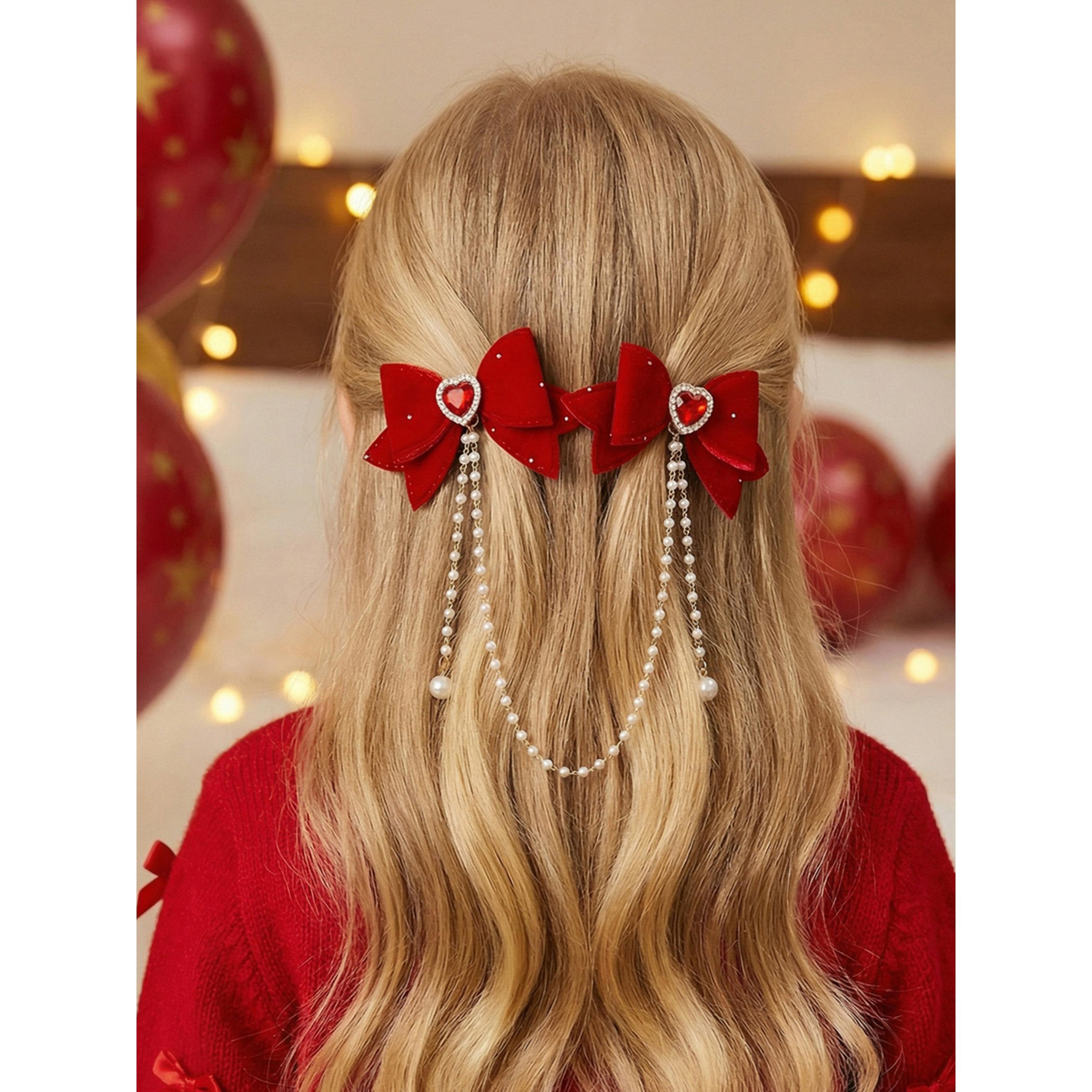 Take Two Red Bow Hair Clips with Pearl Chains-women-hairaccessories-clips-image-4