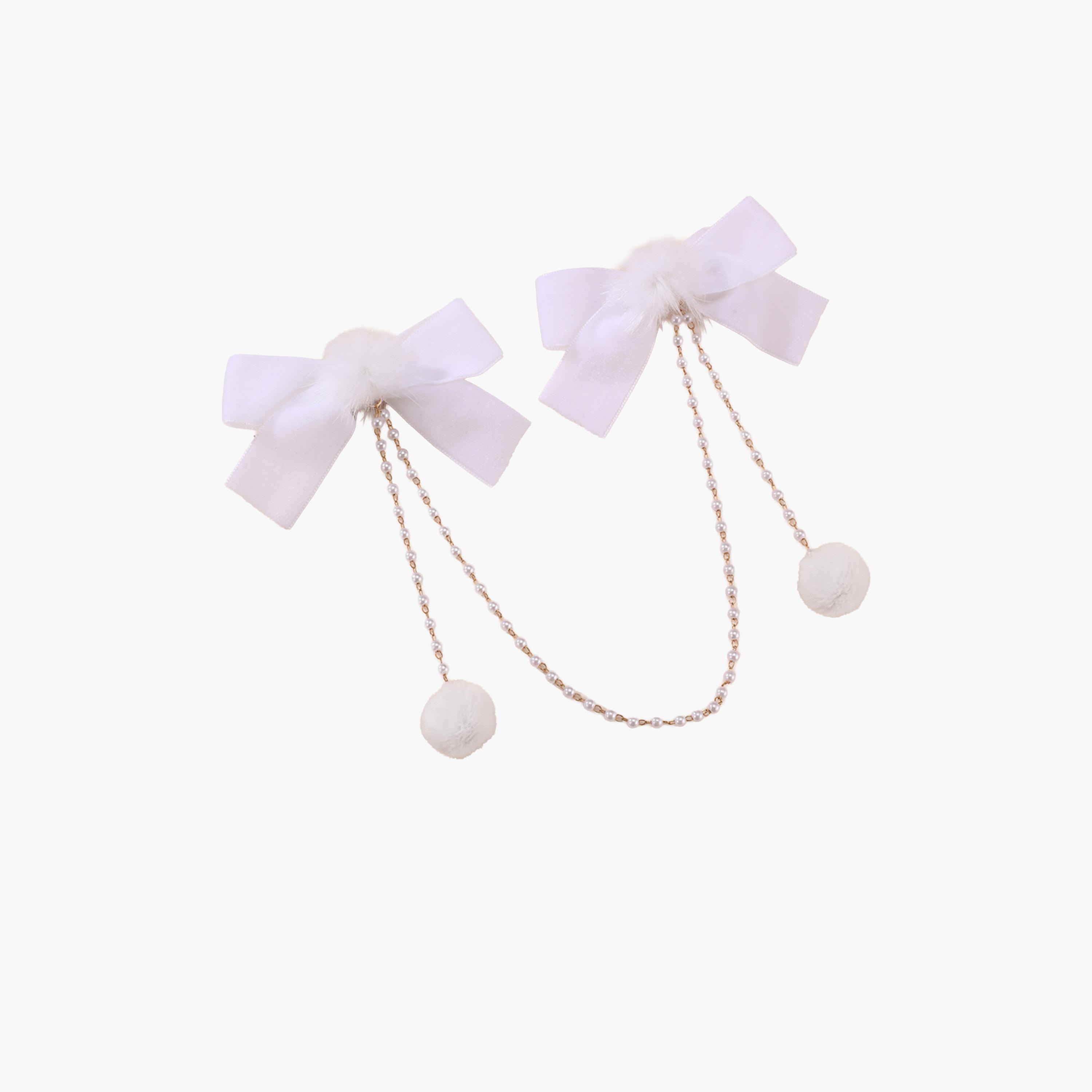 Take Two White Bow Hair Clips with Pearl Tassel-women-hairaccessories-clips-image-1