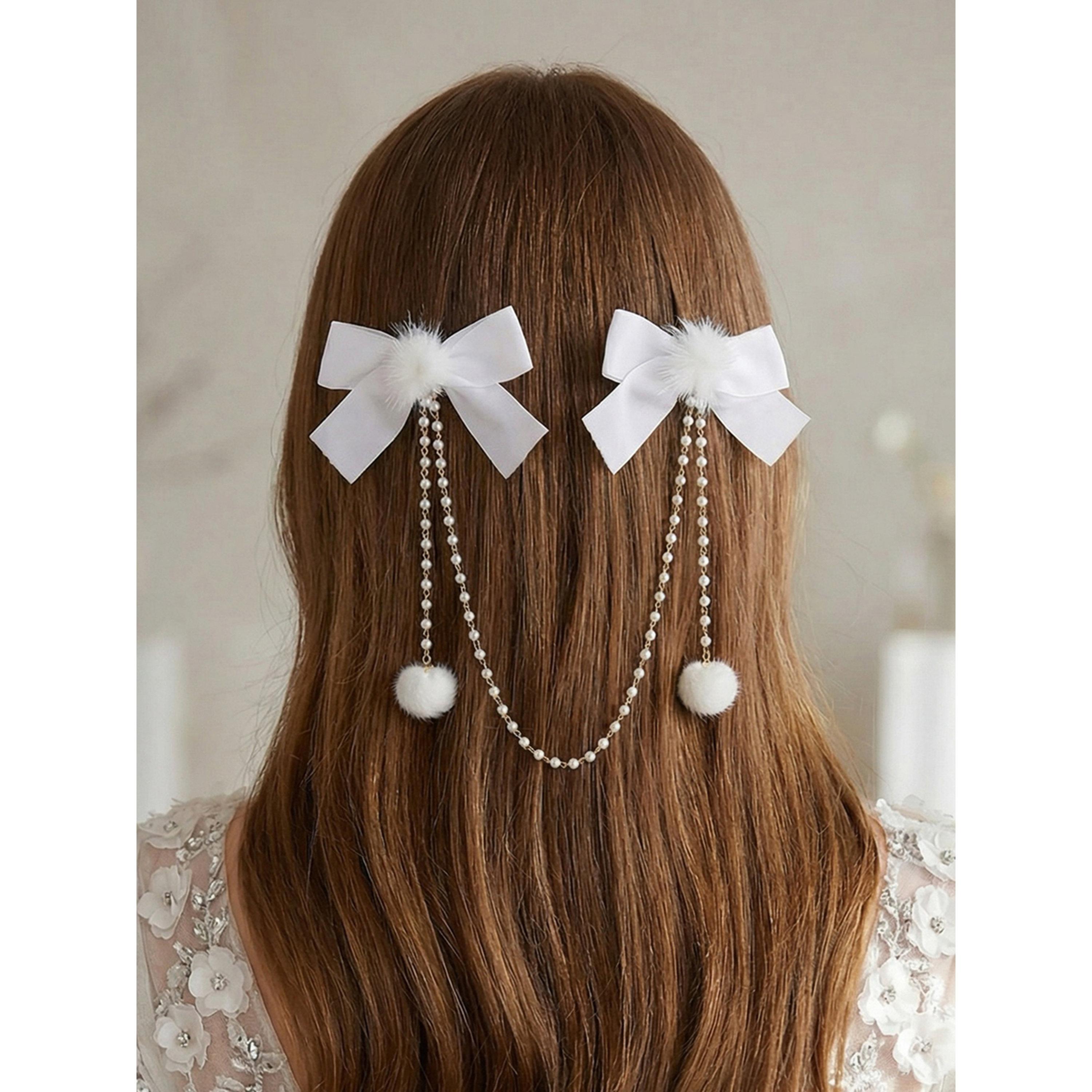 Take Two White Bow Hair Clips with Pearl Tassel-women-hairaccessories-clips-image-2