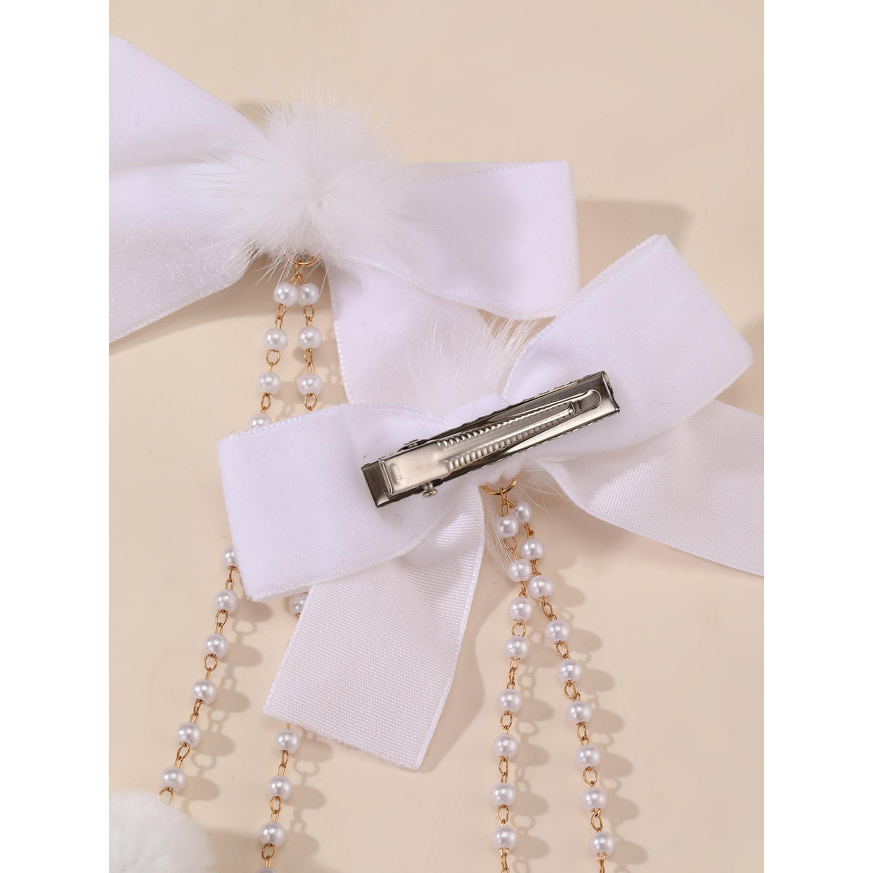 Take Two White Bow Hair Clips with Pearl Tassel-women-hairaccessories-clips-image-5