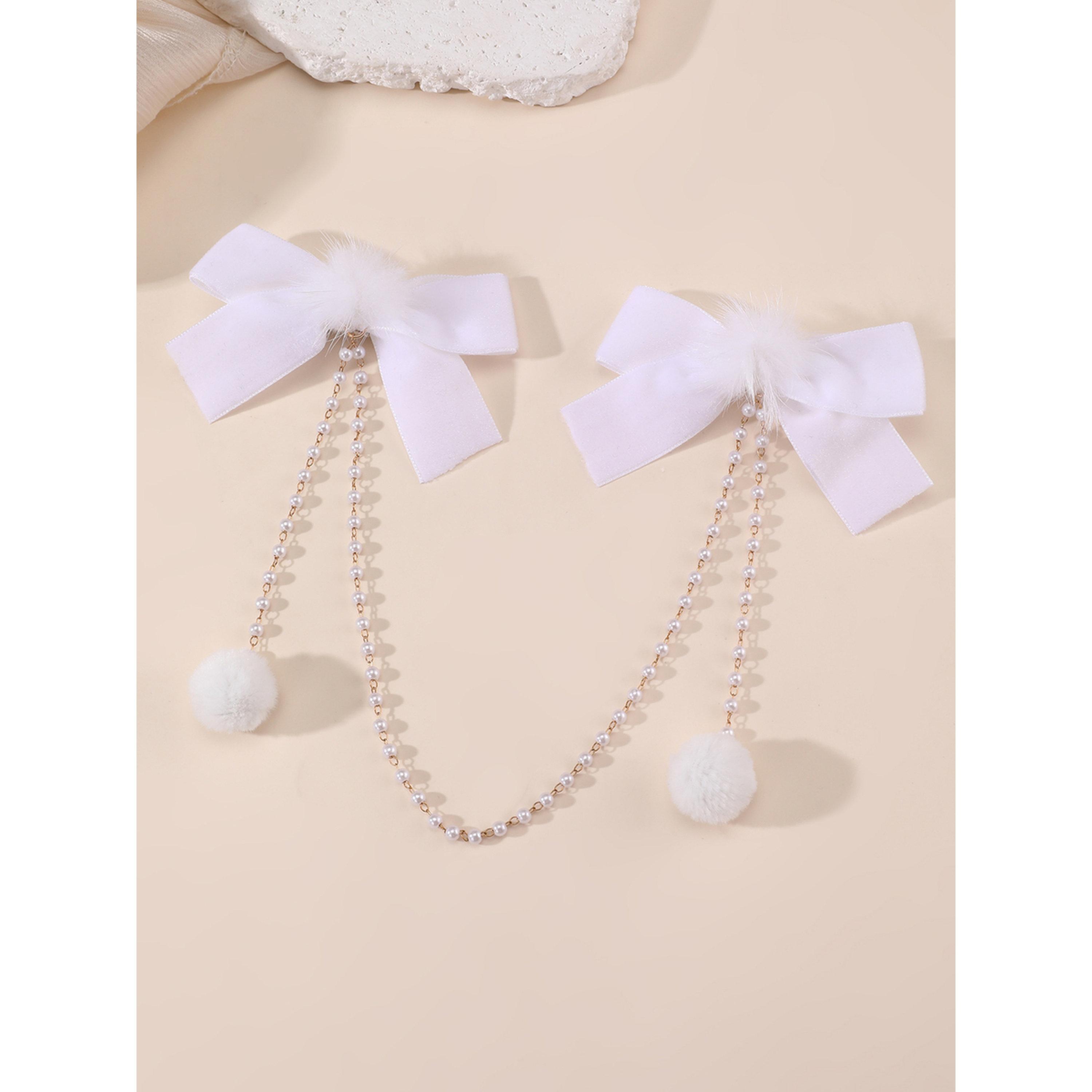 Take Two White Bow Hair Clips with Pearl Tassel-women-hairaccessories-clips-image-6