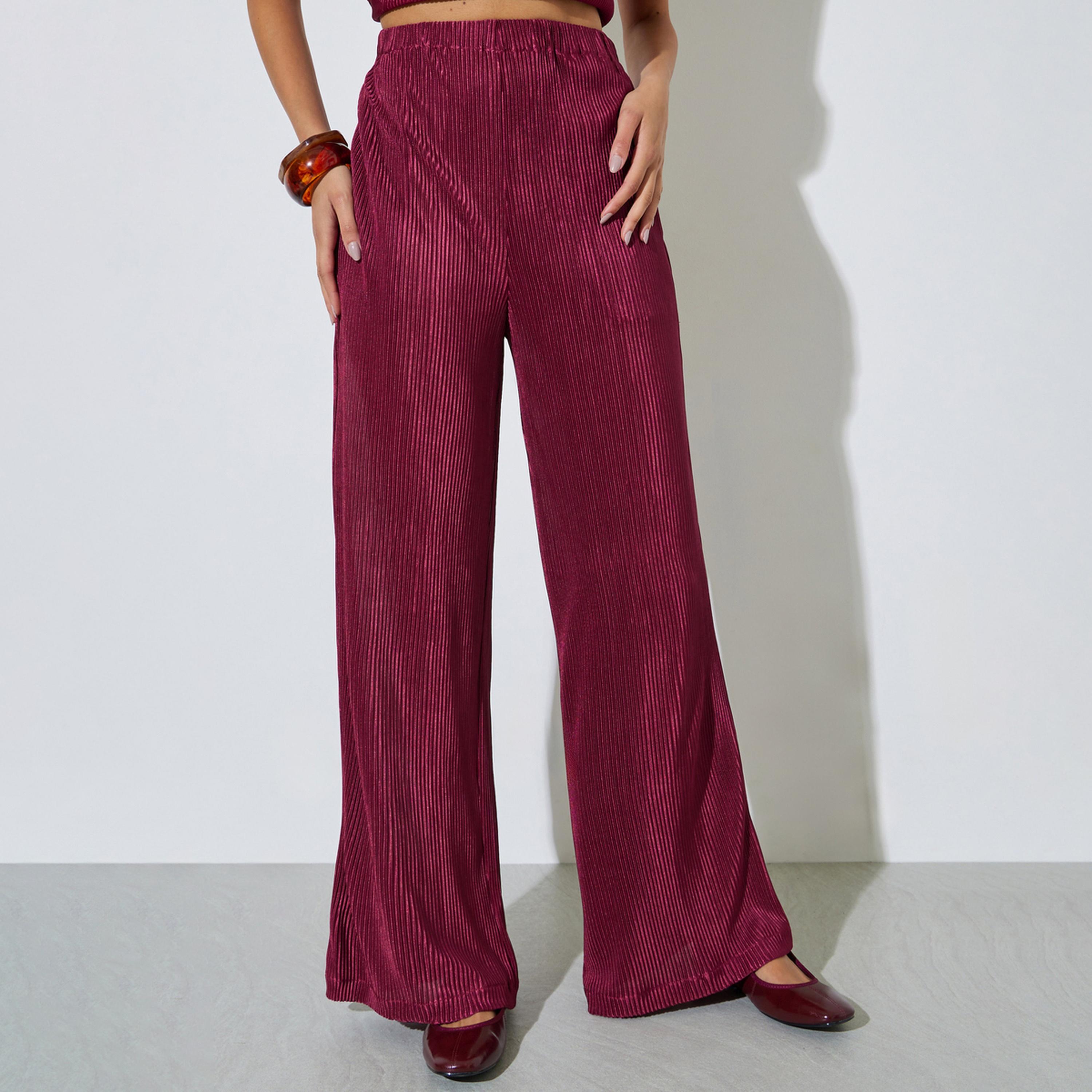 Styli Burgundy Plisse Wide Leg Pants-women-clothing-bottoms-joggers-image-1