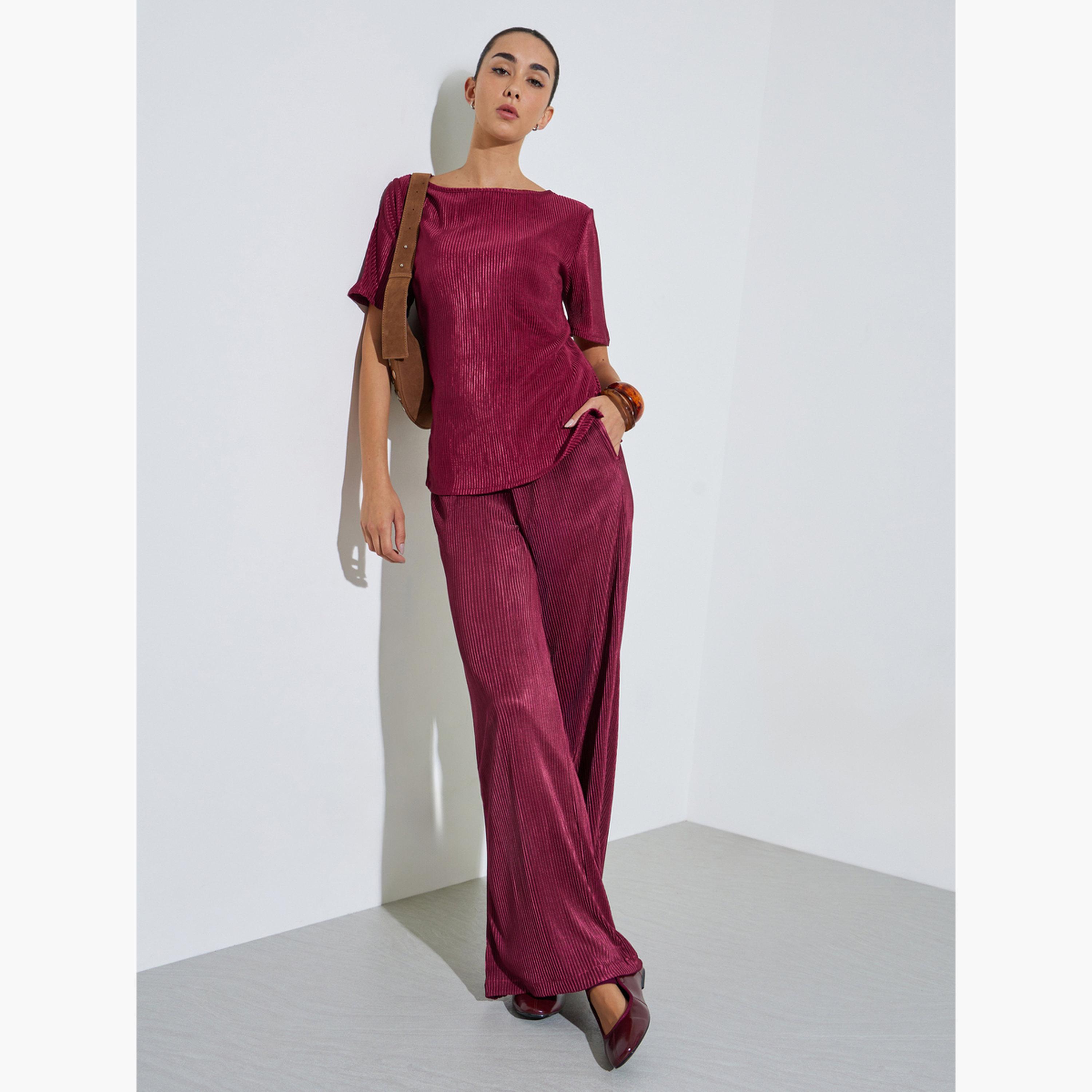 Styli Burgundy Plisse Wide Leg Pants-women-clothing-bottoms-joggers-image-2
