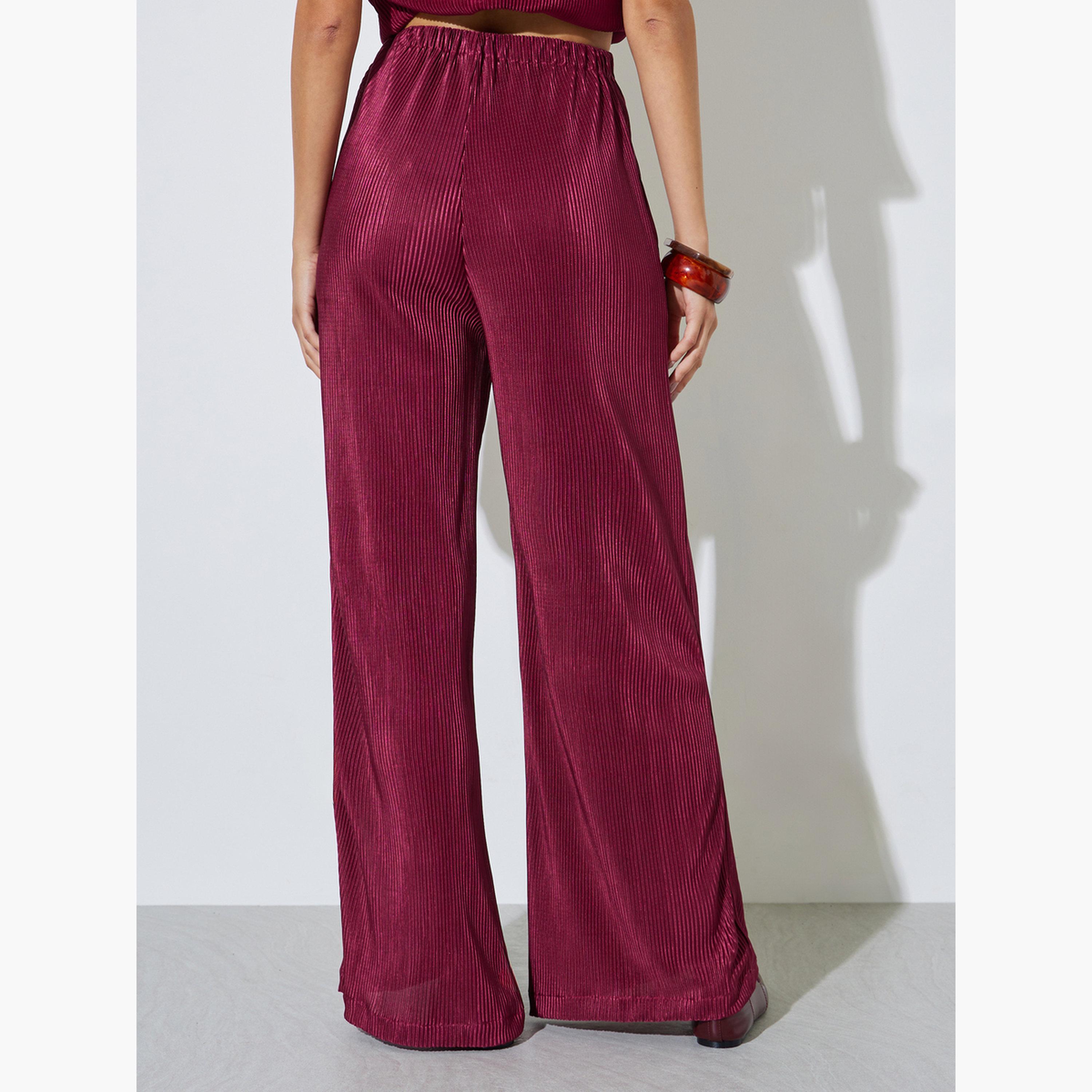 Styli Burgundy Plisse Wide Leg Pants-women-clothing-bottoms-joggers-image-4