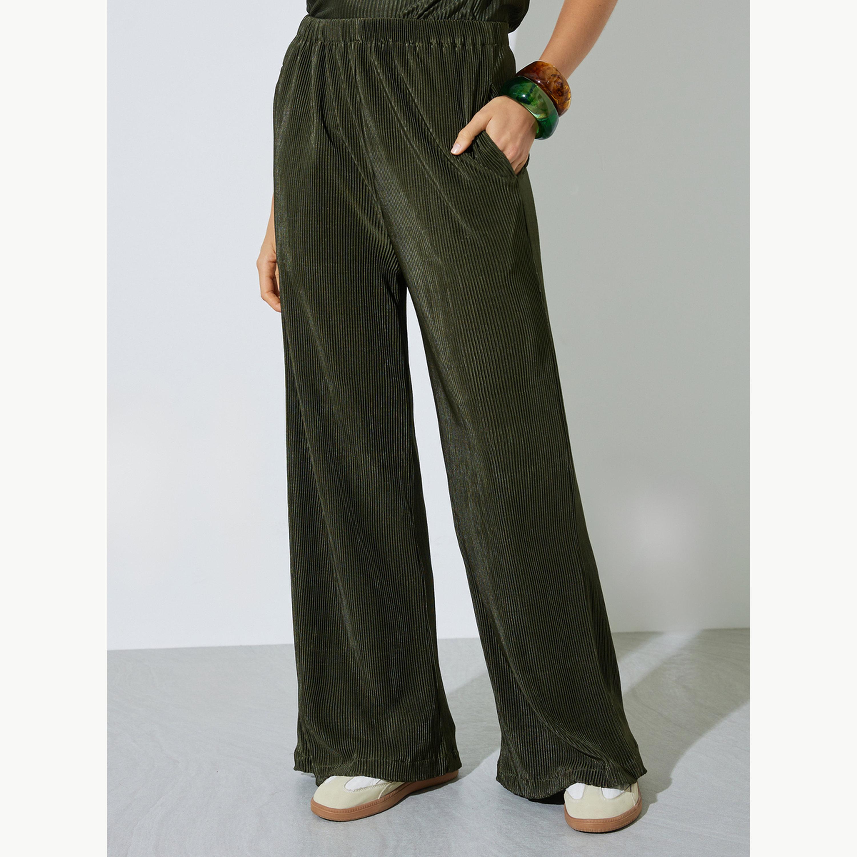 Styli Olive Wide Leg Plisse Pants-women-clothing-bottoms-joggers-image-1