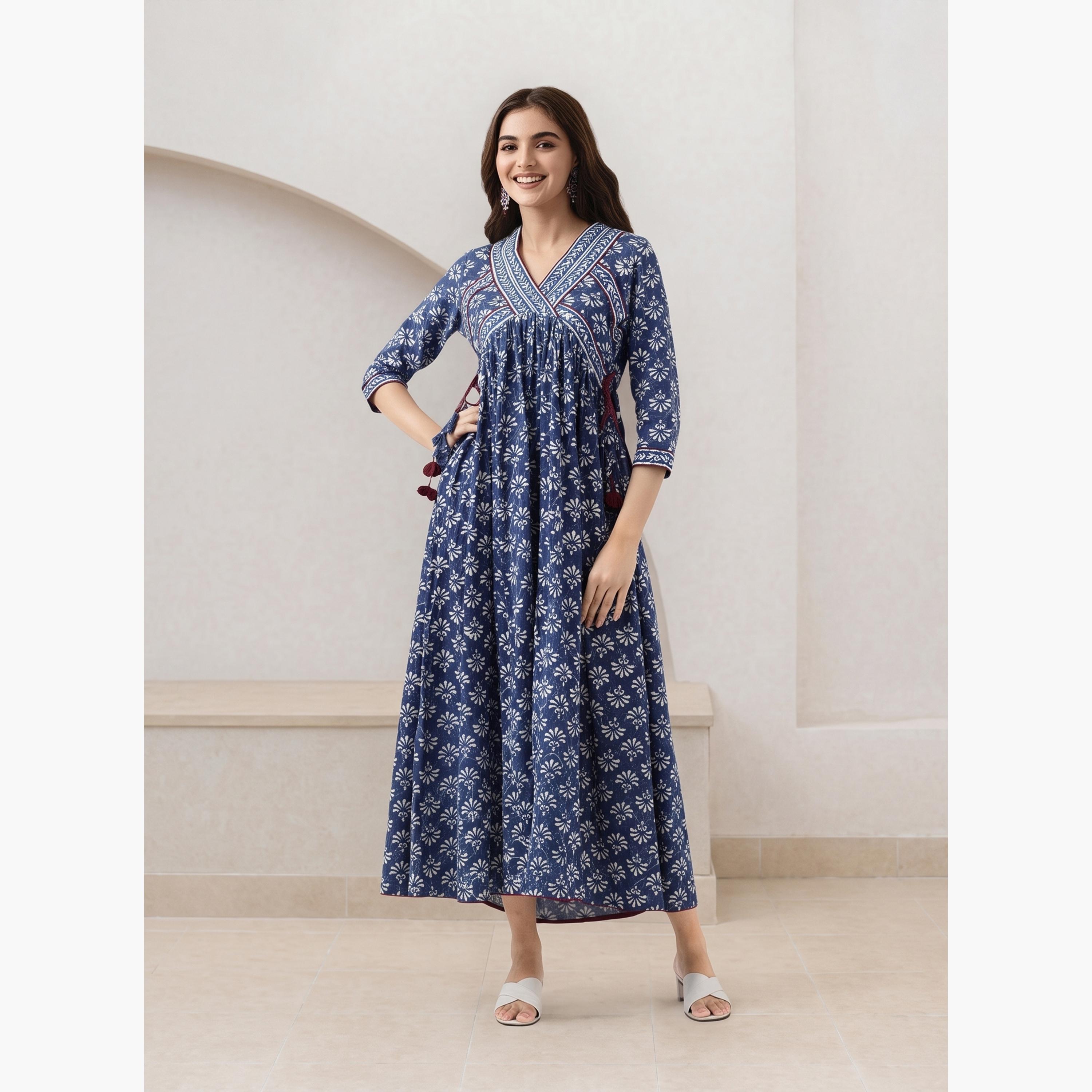 فستان ميدي بطبعة زهور وأكمام 3/4-women-clothing-dresses-image-1