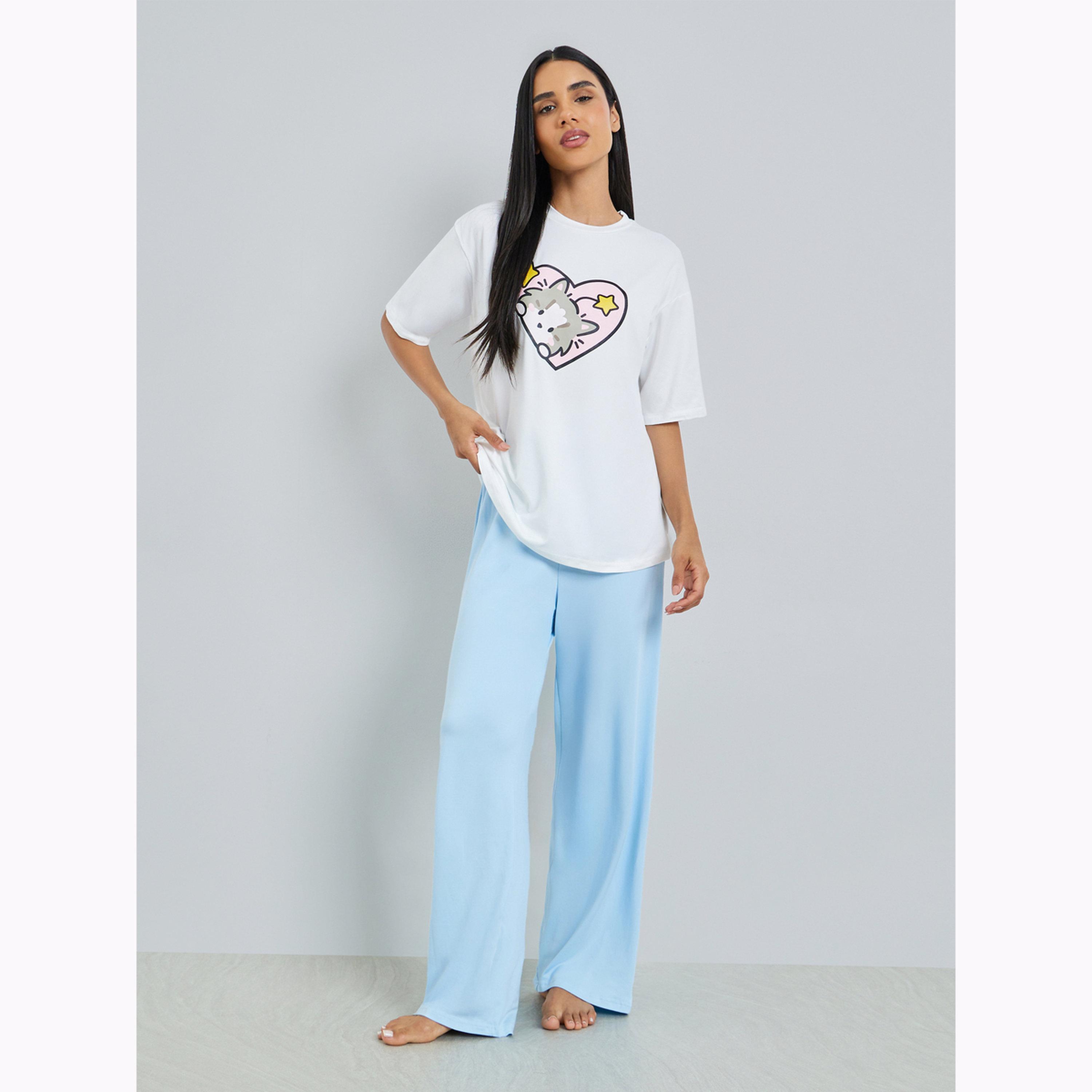 Styli Cat Heart Print T-Shirt and Solid Pyjama Set-women-clothing-nightwear-pyjamas-longsets-image-1