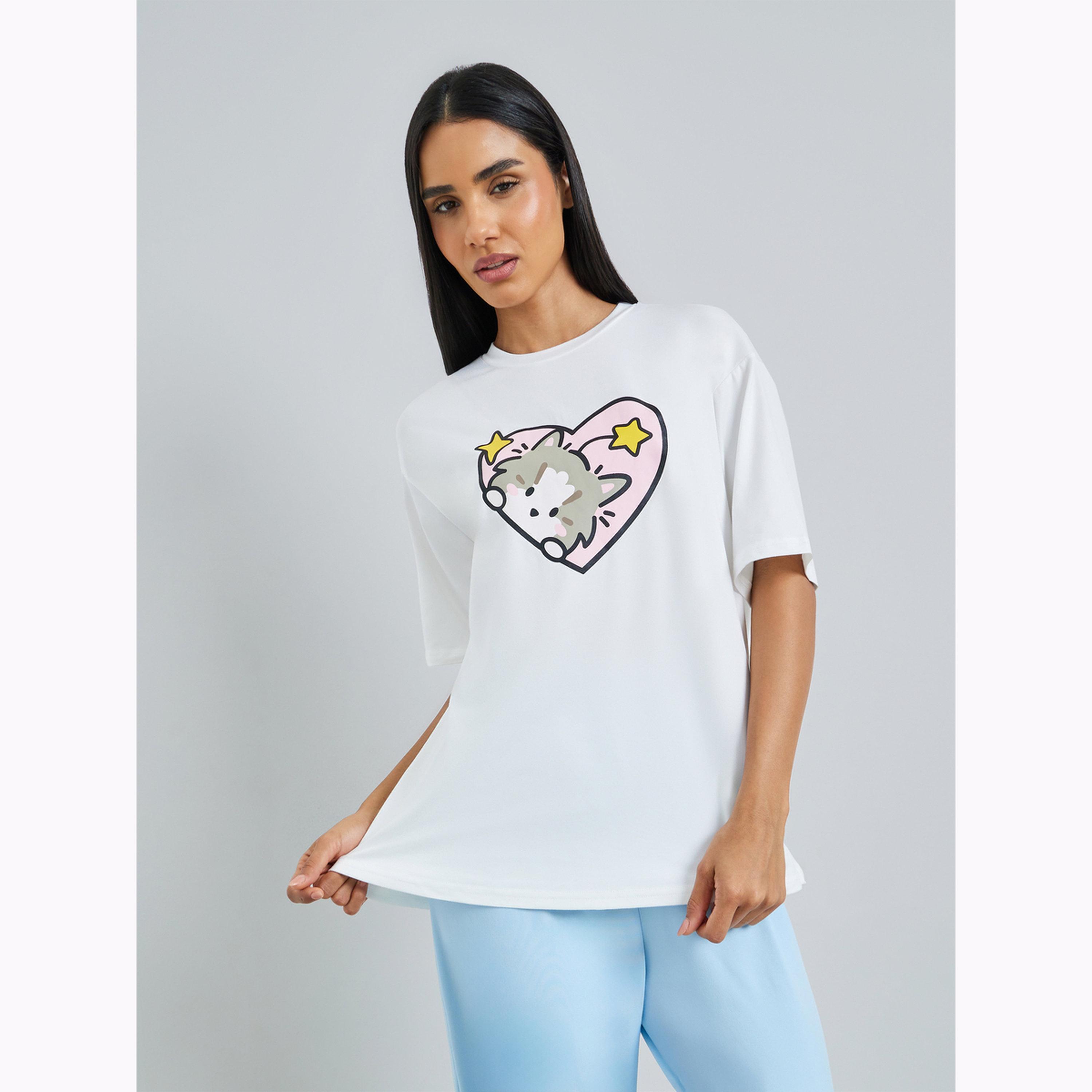 طقم بيجاما من بنطال وتيشيرت بطبعة قطة وقلب-women-clothing-nightwear-pyjamas-longsets-image-3