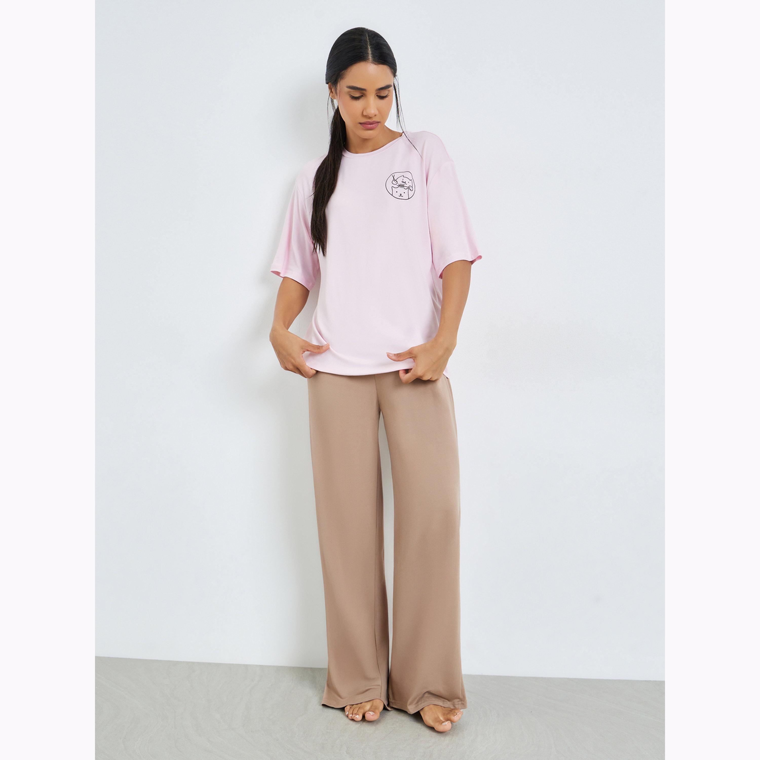 Styli Round Neck Cat Print T-Shirt and Pyjama Set-women-clothing-nightwear-pyjamas-longsets-image-1
