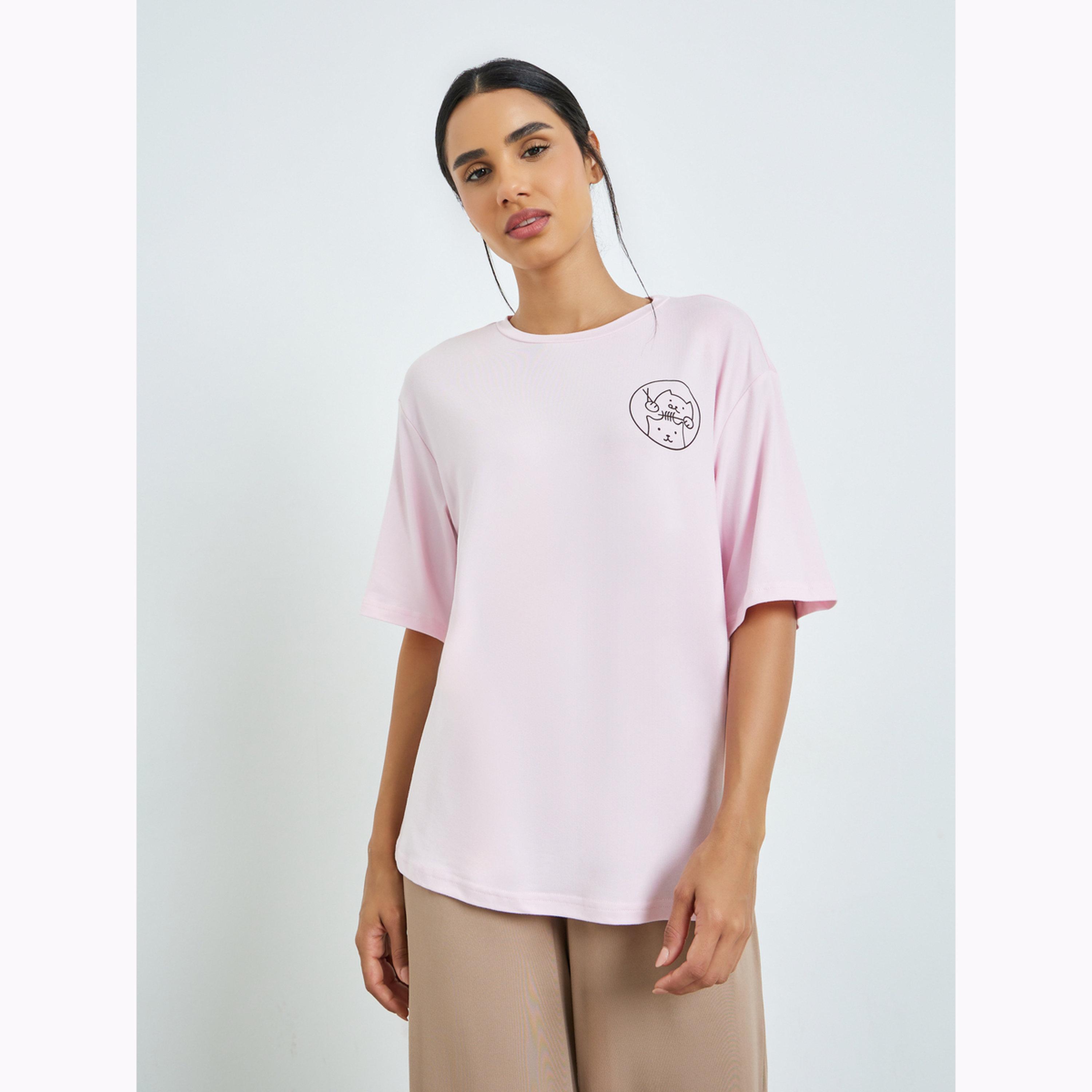 طقم بيجاما من بنطال وتيشيرت بياقة دائرية وطبعة قطة-women-clothing-nightwear-pyjamas-longsets-image-2