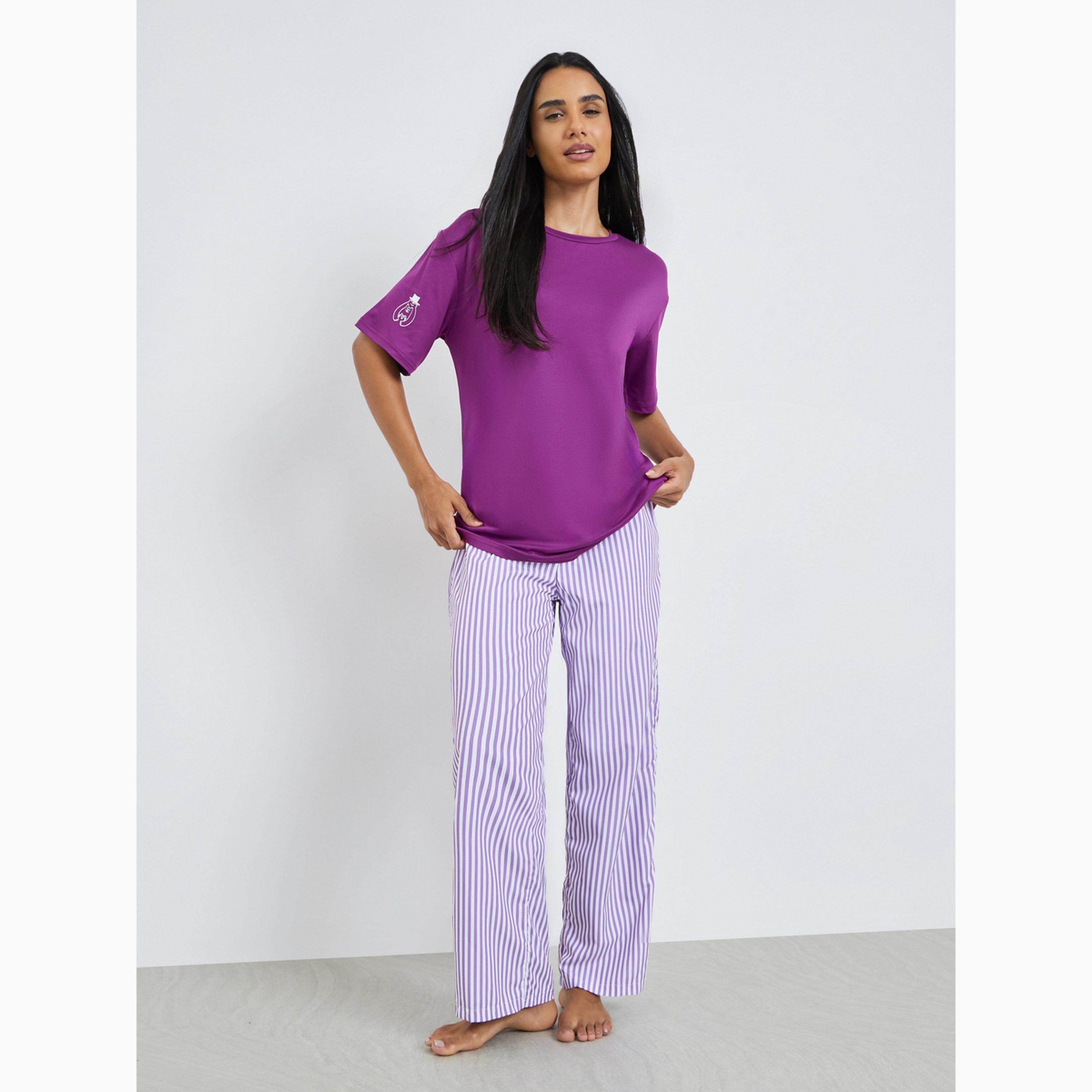 Styli Solid Round Neck T-Shirt and Striped Pyjama Set-women-clothing-nightwear-pyjamas-longsets-image-1