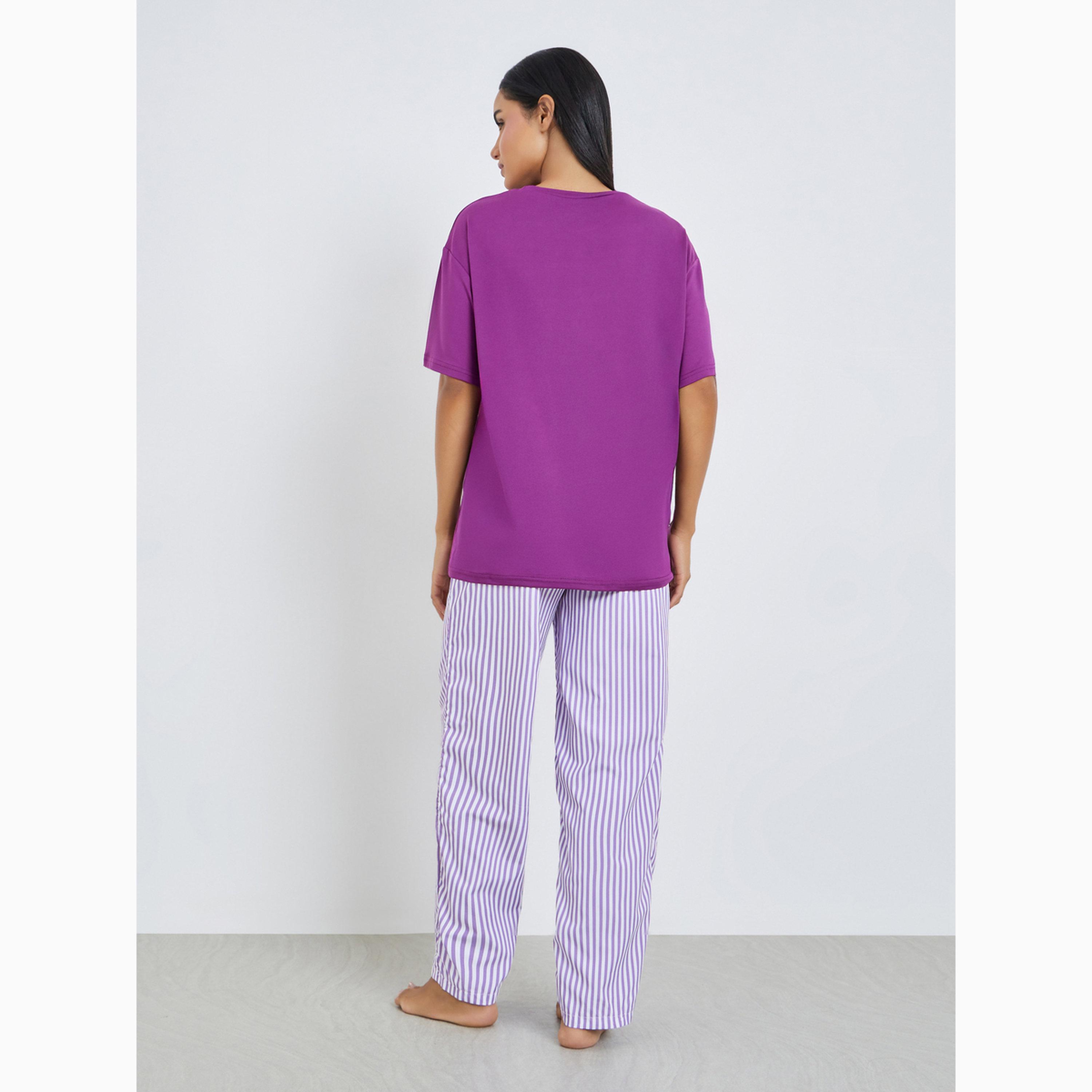 طقم بيجاما من بنطال مخطط وتيشيرت بياقة دائرية سادة-women-clothing-nightwear-pyjamas-longsets-image-3