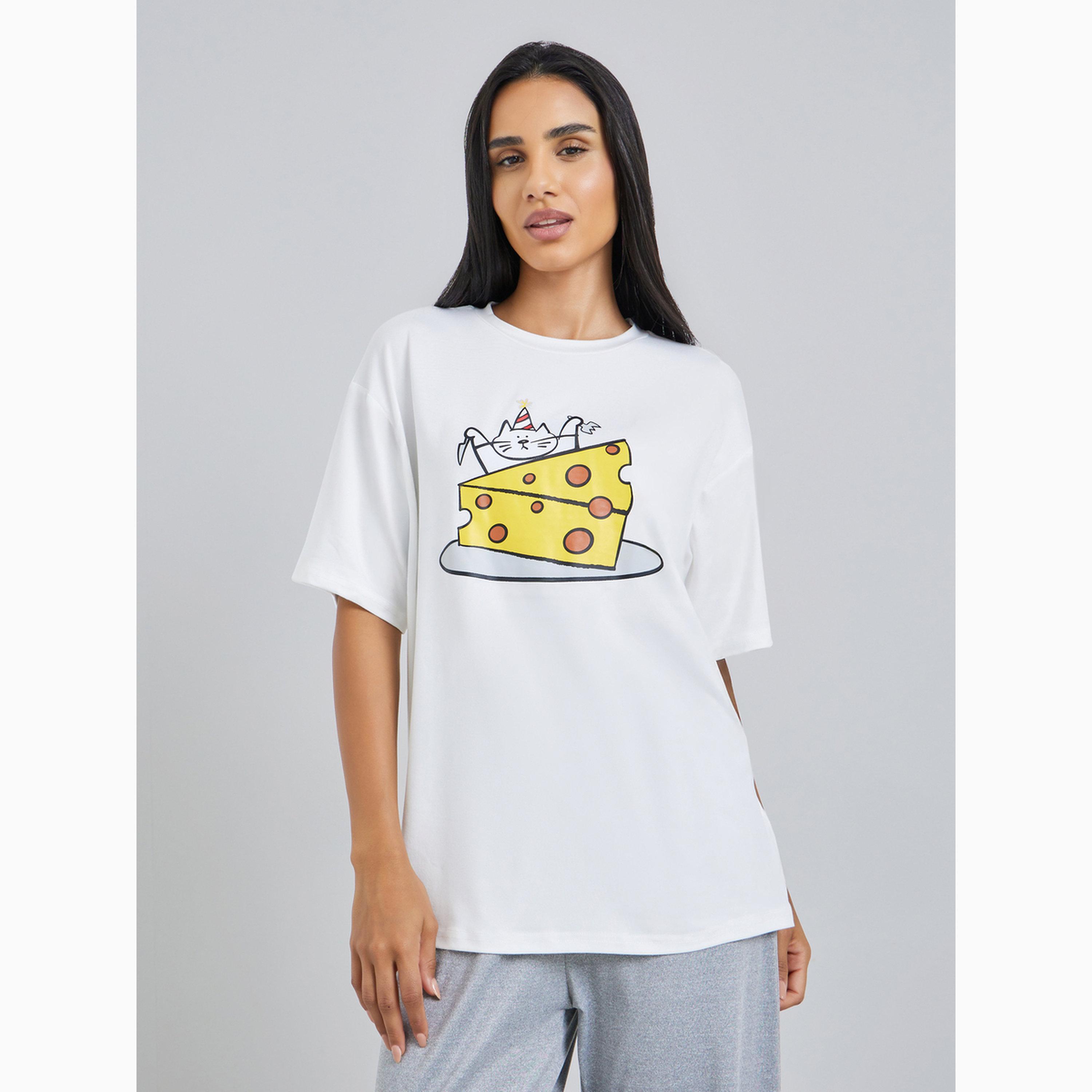 طقم بيجاما من بنطال وتيشيرت بطبعة جرافيك كات تشيز-women-clothing-nightwear-pyjamas-longsets-image-3