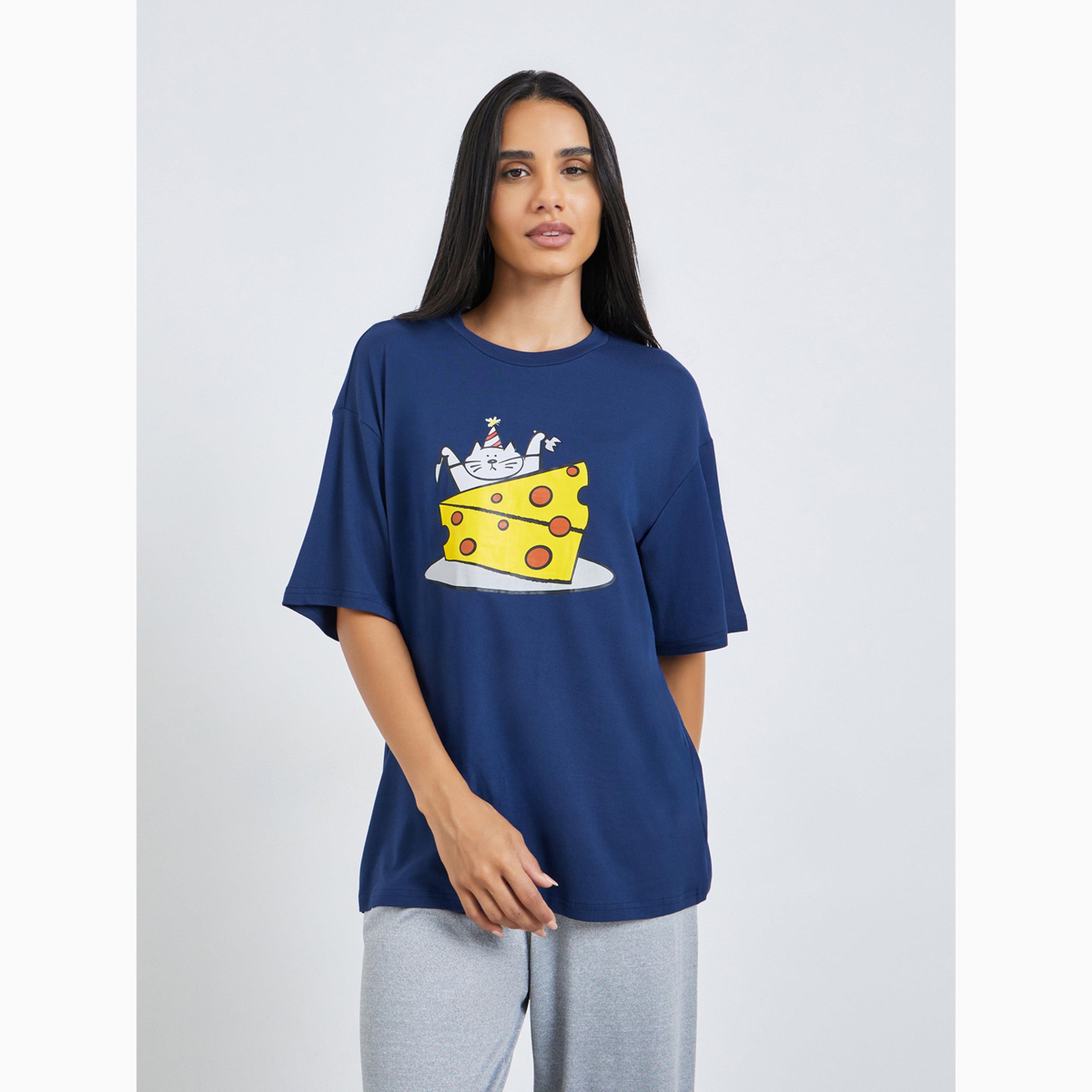 Styli Cat Cheese Graphic Print T-Shirt and Pyjama Set-women-clothing-nightwear-pyjamas-longsets-image-2
