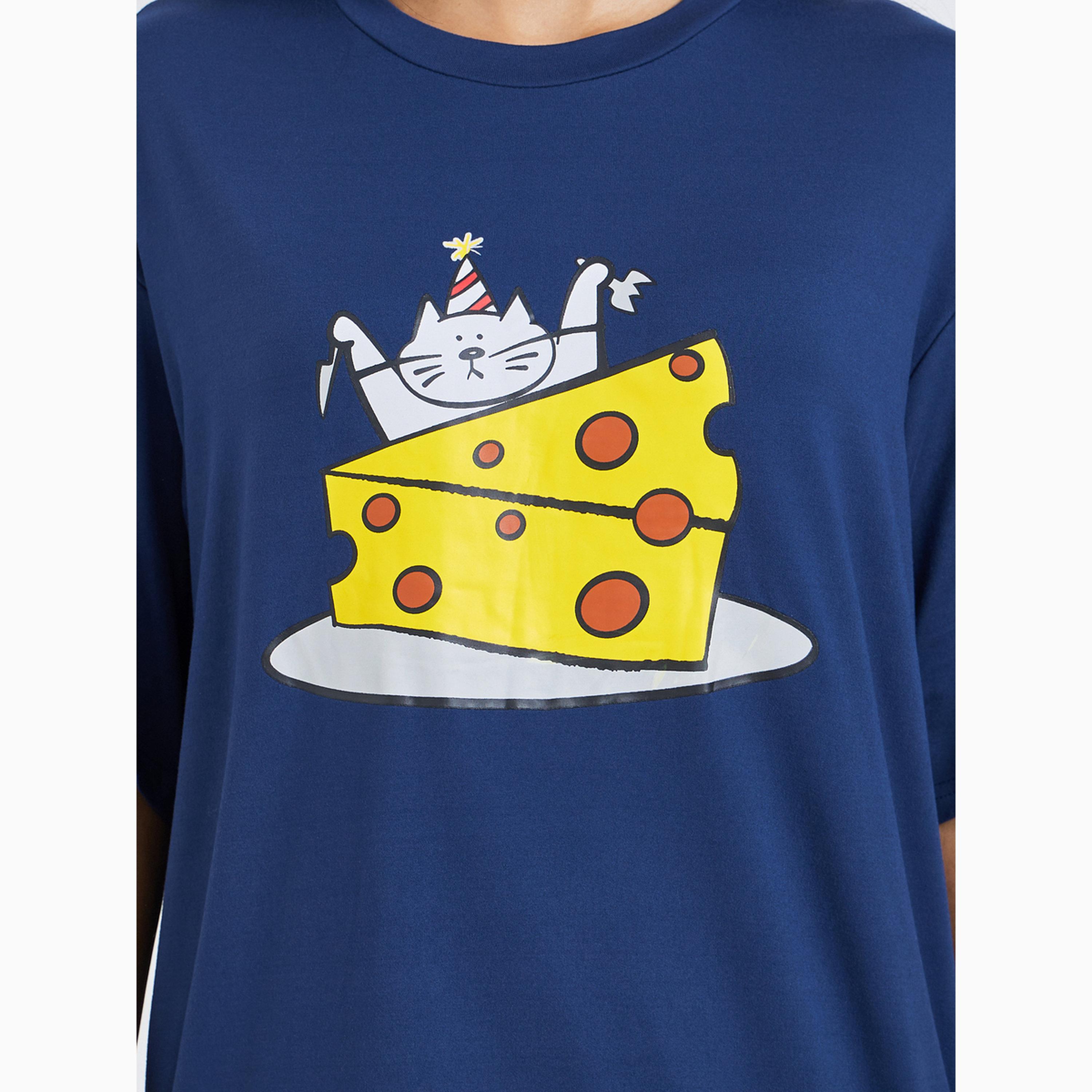 Styli Cat Cheese Graphic Print T-Shirt and Pyjama Set-women-clothing-nightwear-pyjamas-longsets-image-5